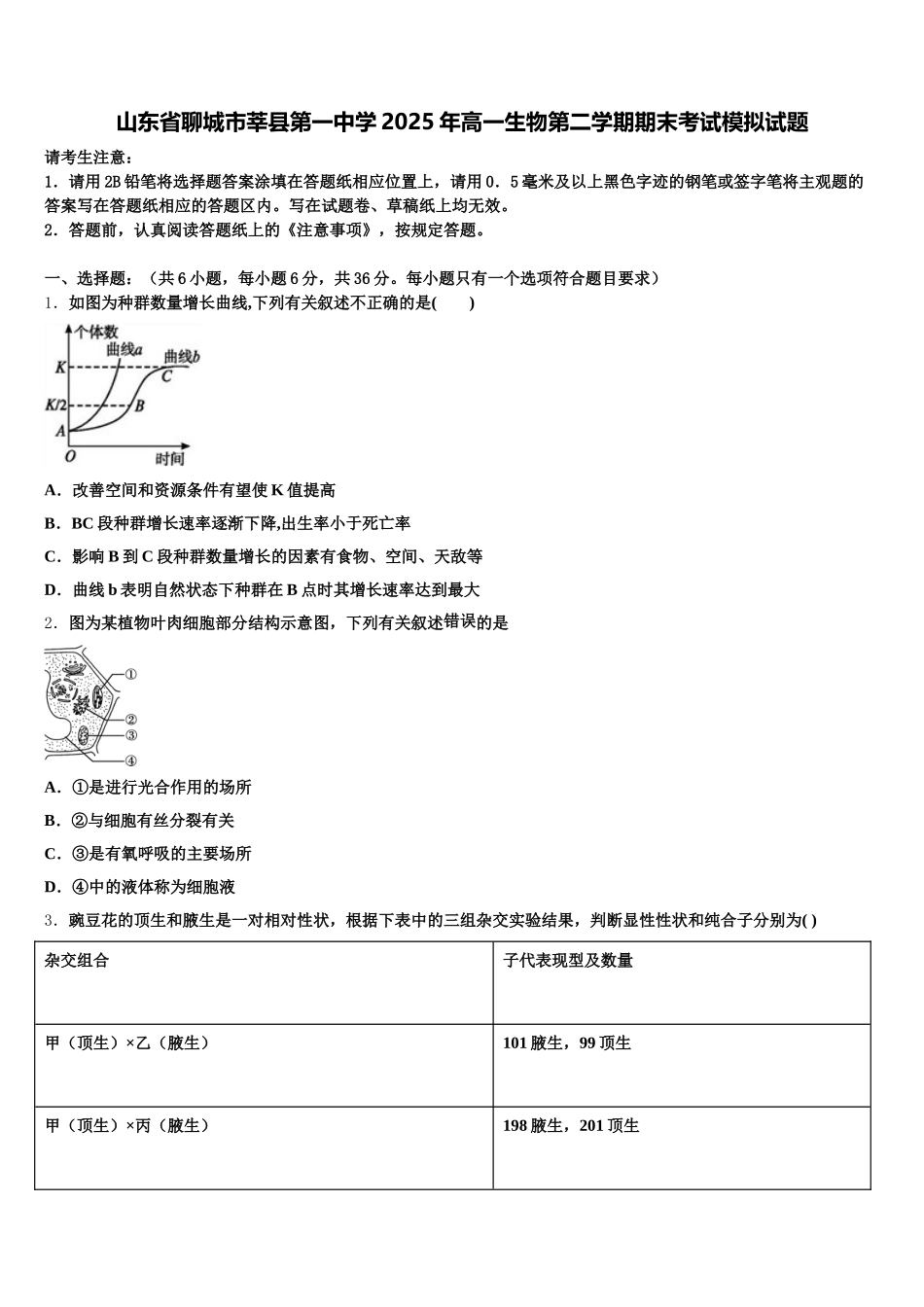 山东省聊城市莘县第一中学2025年高一生物第二学期期末考试模拟试题含解析_第1页