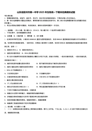 山东省胶州市第一中学2025年生物高一下期末经典模拟试题含解析