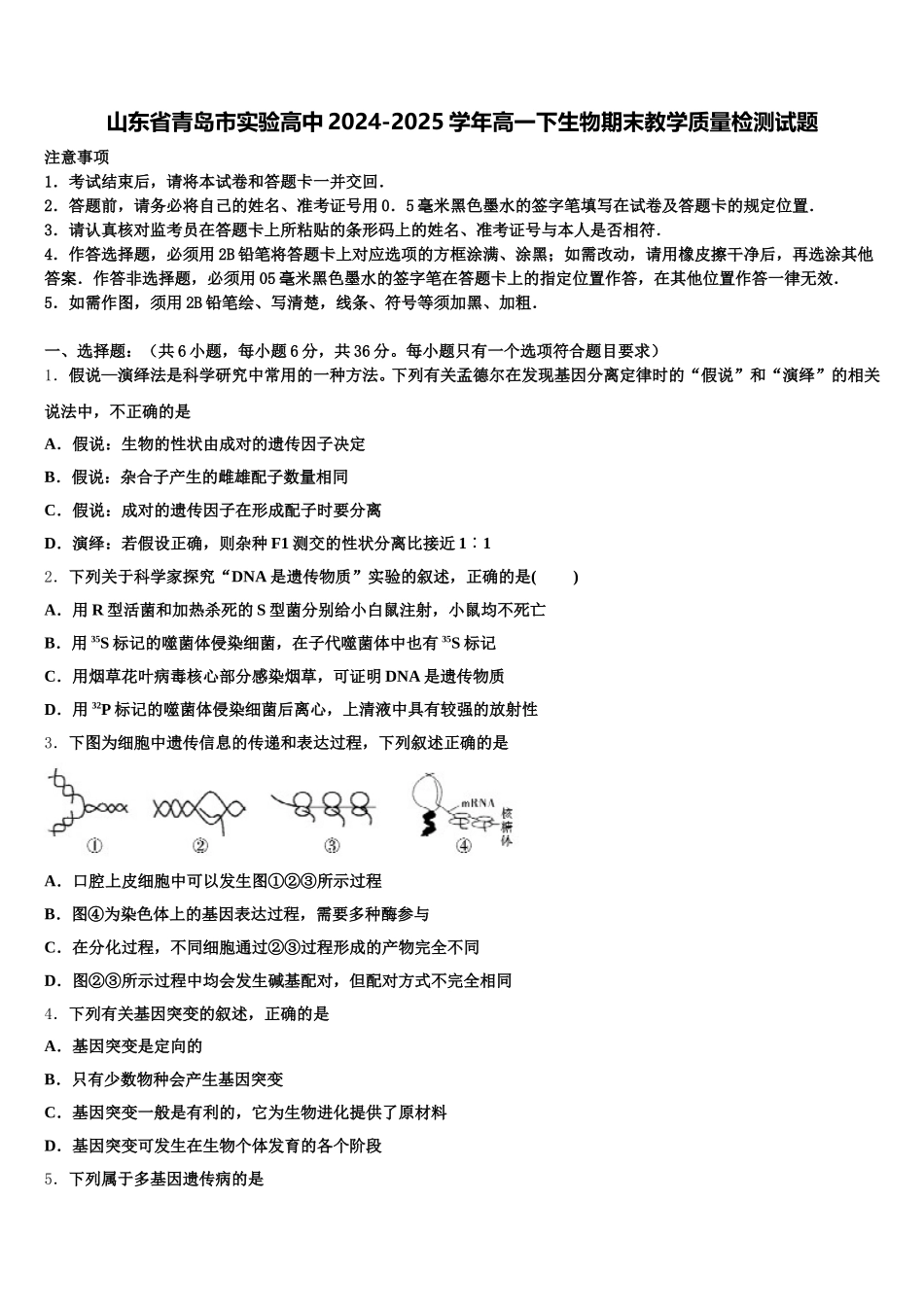山东省青岛市实验高中2024-2025学年高一下生物期末教学质量检测试题含解析_第1页