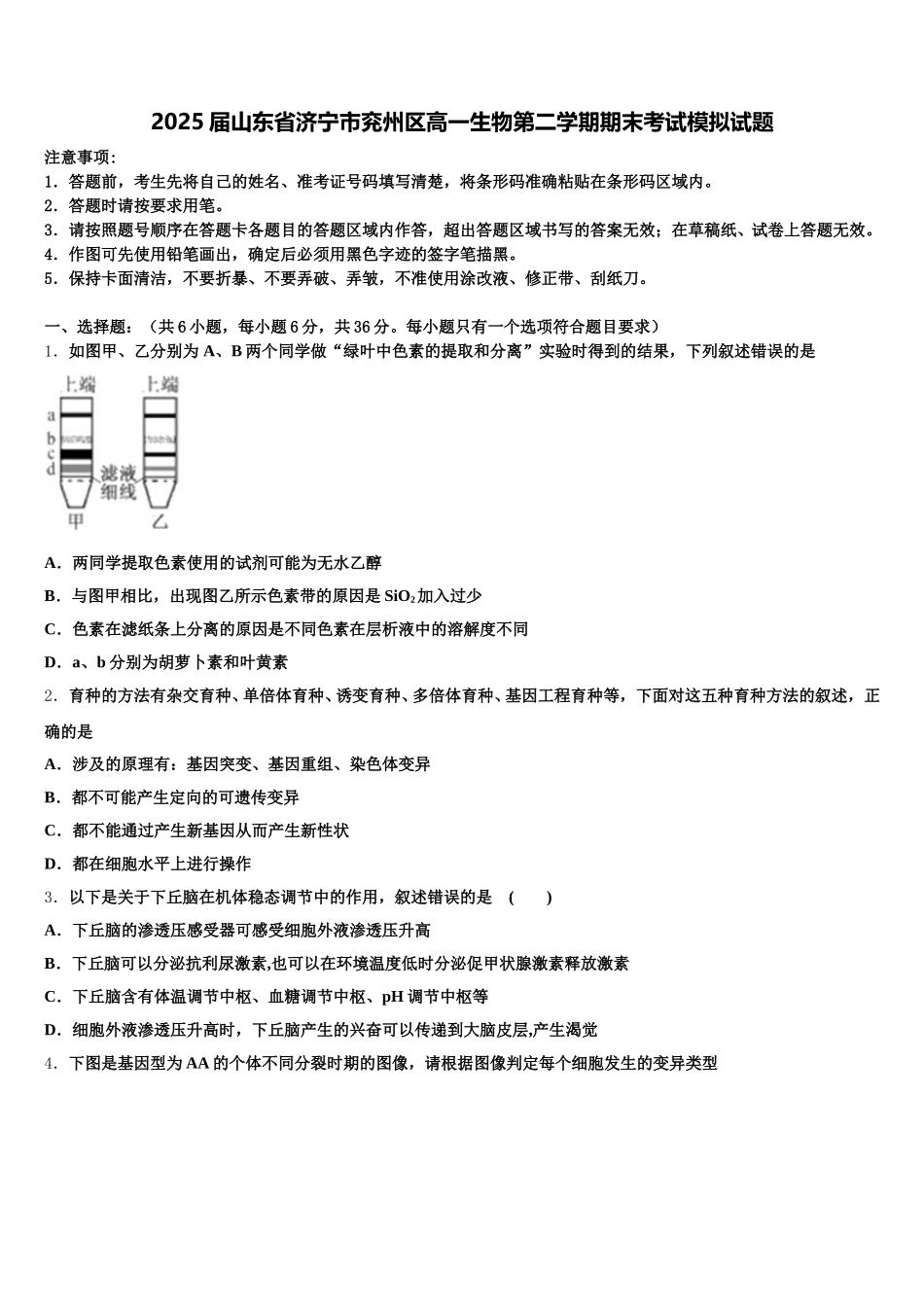 2025届山东省济宁市兖州区高一生物第二学期期末考试模拟试题含解析_第1页