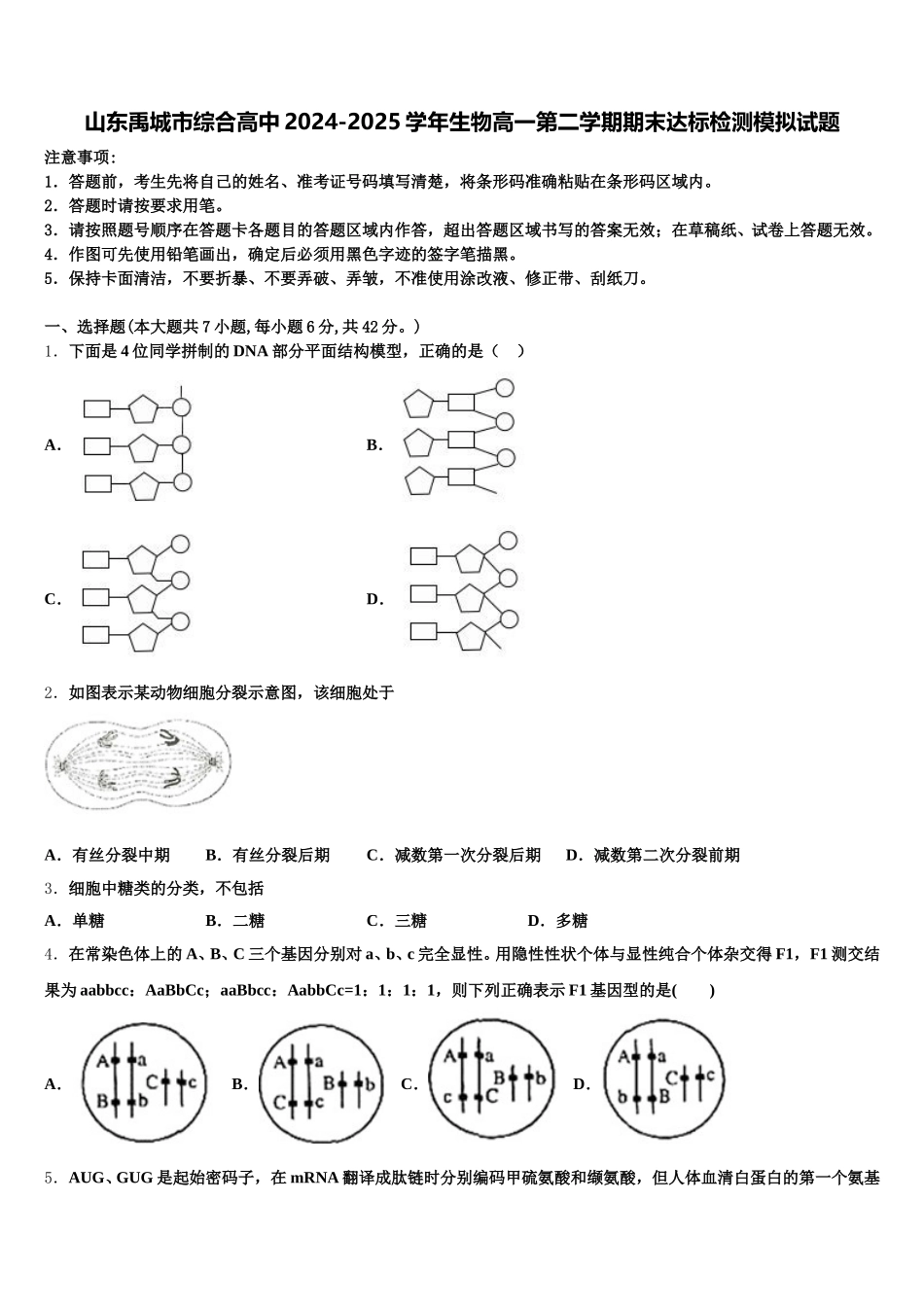 山东禹城市综合高中2024-2025学年生物高一第二学期期末达标检测模拟试题含解析_第1页