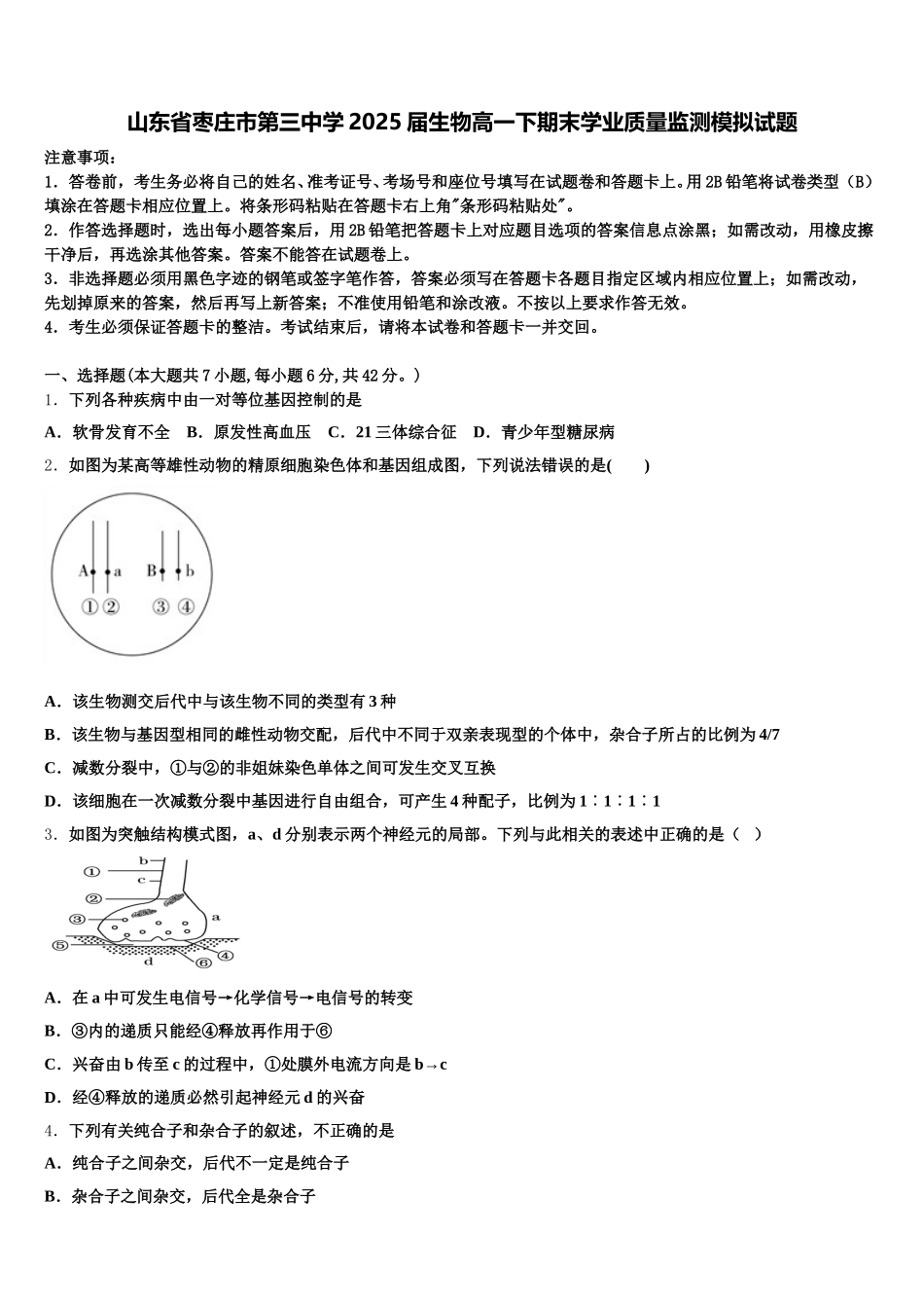 山东省枣庄市第三中学2025届生物高一下期末学业质量监测模拟试题含解析_第1页