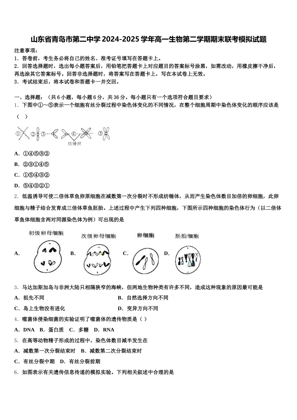 山东省青岛市第二中学2024-2025学年高一生物第二学期期末联考模拟试题含解析_第1页