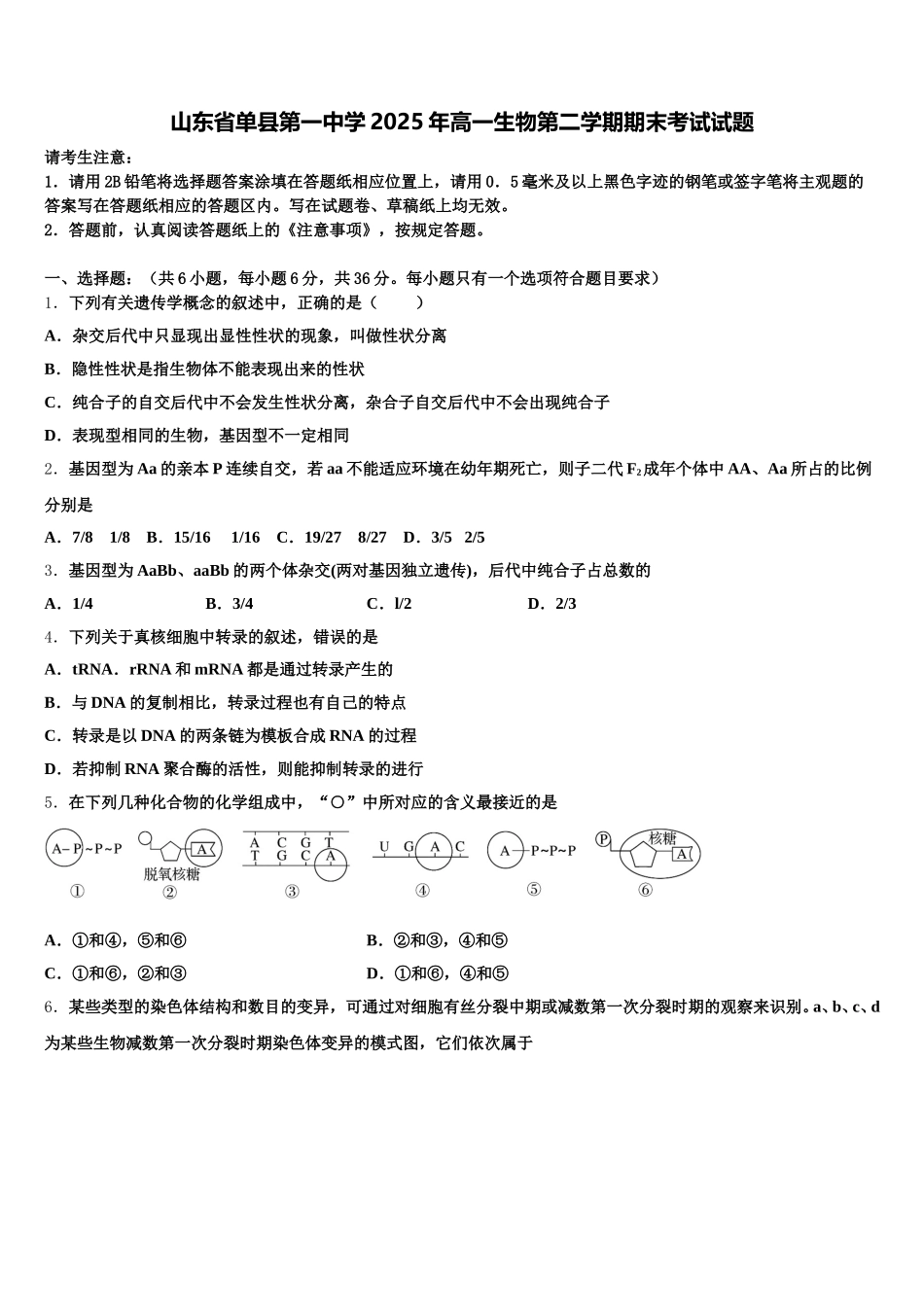 山东省单县第一中学2025年高一生物第二学期期末考试试题含解析_第1页