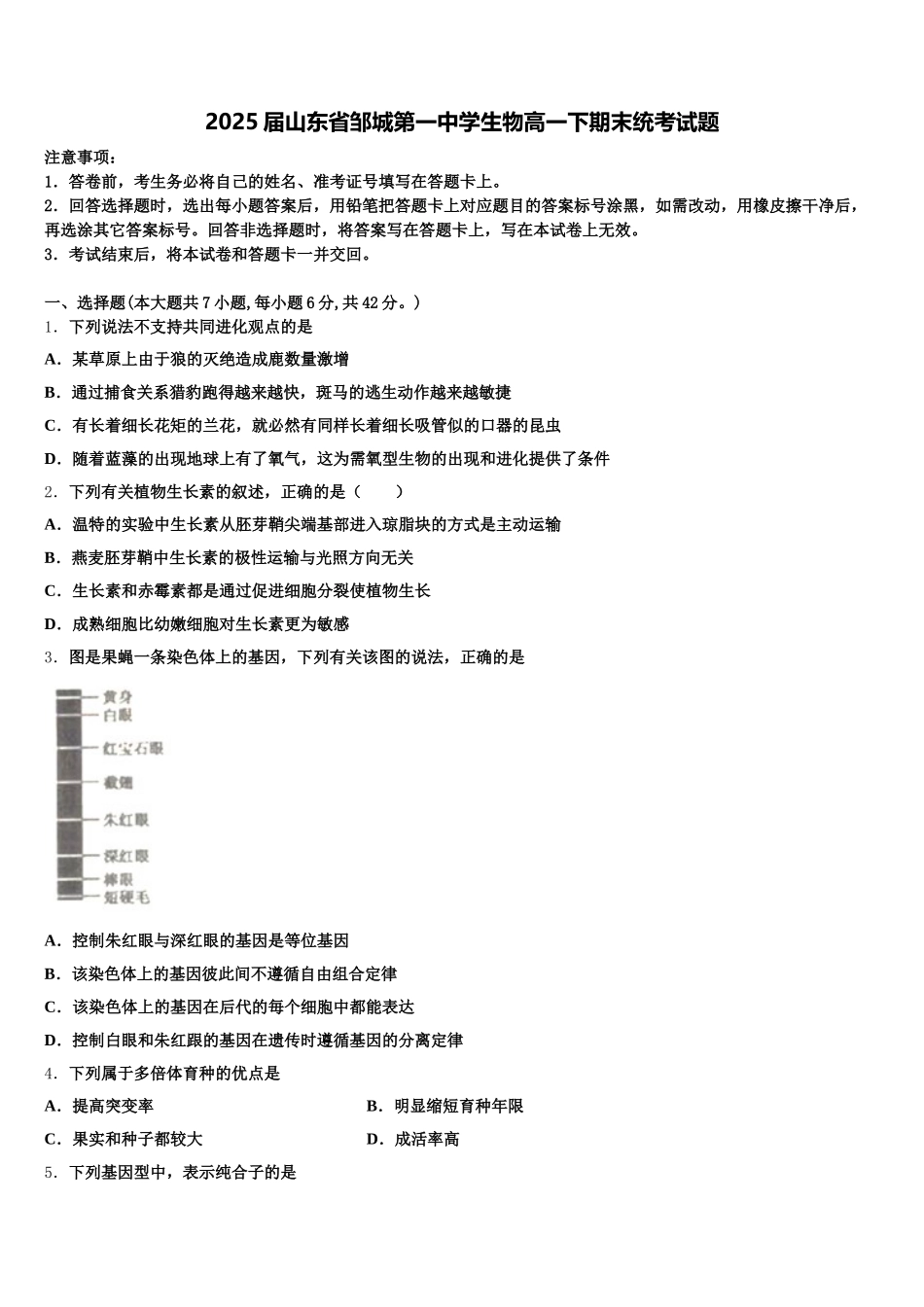 2025届山东省邹城第一中学生物高一下期末统考试题含解析_第1页