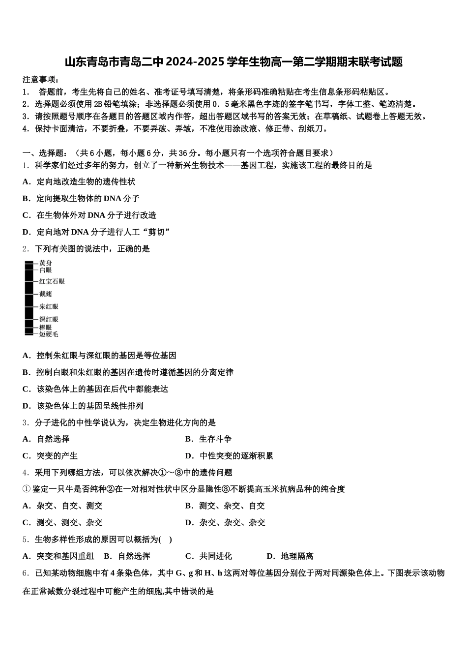 山东青岛市青岛二中2024-2025学年生物高一第二学期期末联考试题含解析_第1页
