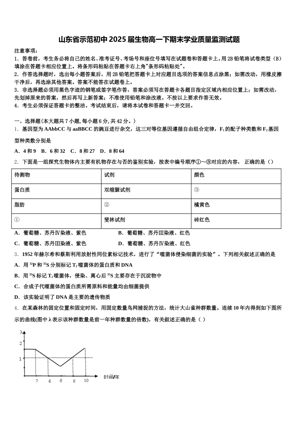 山东省示范初中2025届生物高一下期末学业质量监测试题含解析_第1页