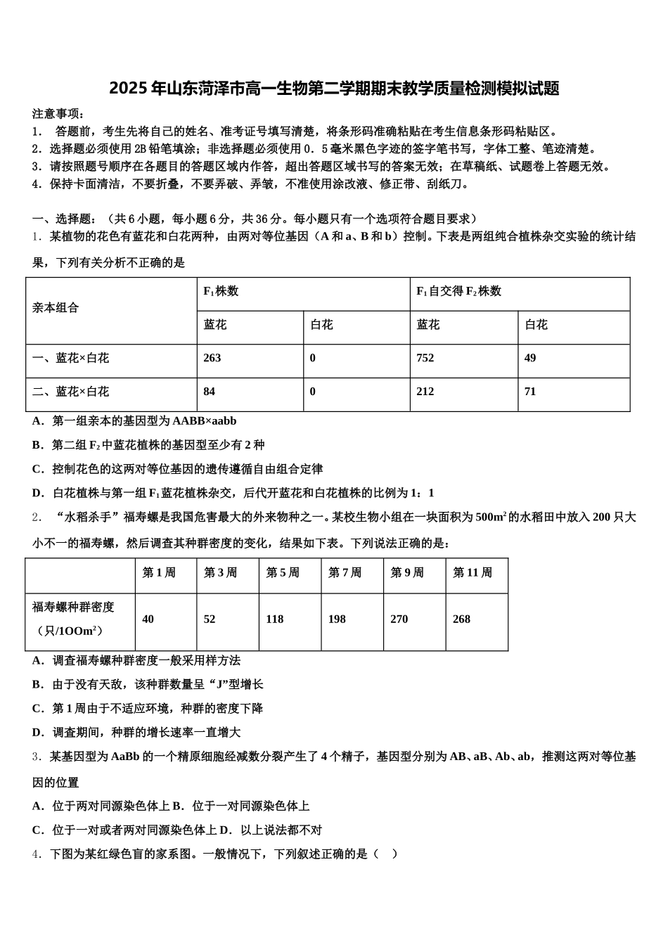 2025年山东菏泽市高一生物第二学期期末教学质量检测模拟试题含解析_第1页