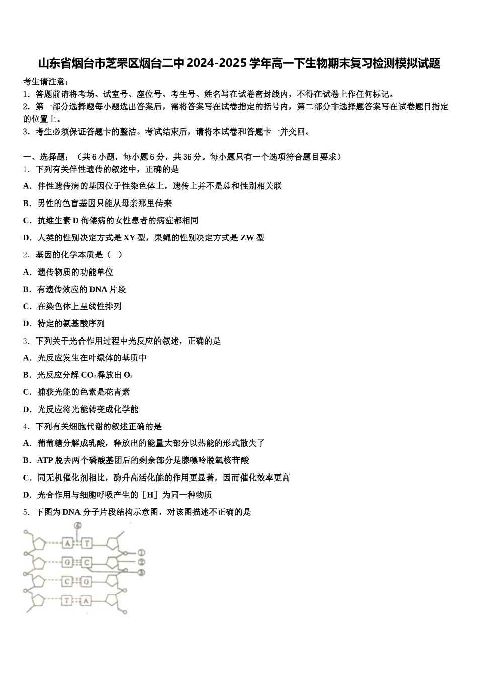 山东省烟台市芝罘区烟台二中2024-2025学年高一下生物期末复习检测模拟试题含解析_第1页
