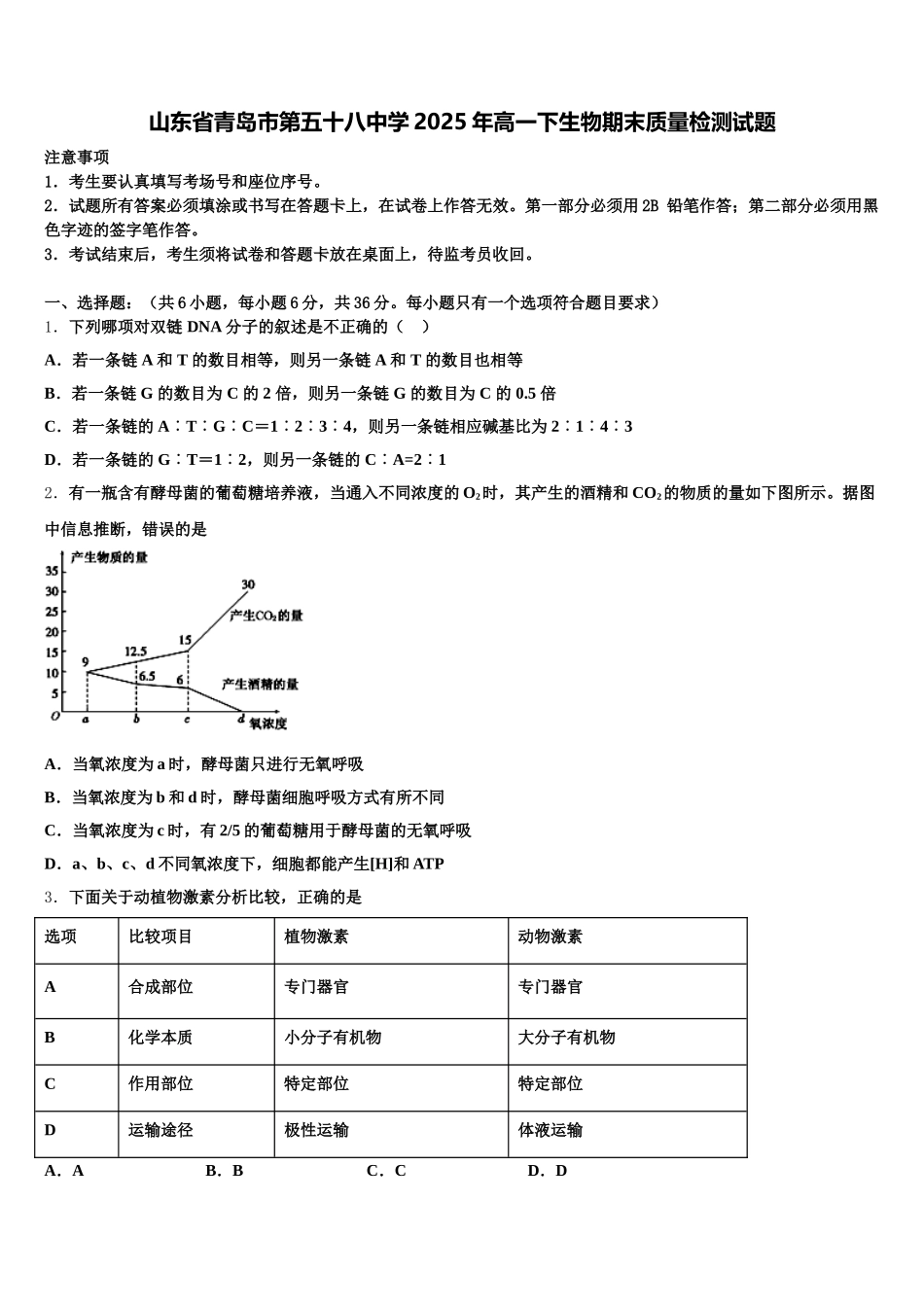 山东省青岛市第五十八中学2025年高一下生物期末质量检测试题含解析_第1页