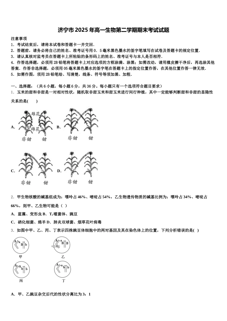 济宁市2025年高一生物第二学期期末考试试题含解析_第1页