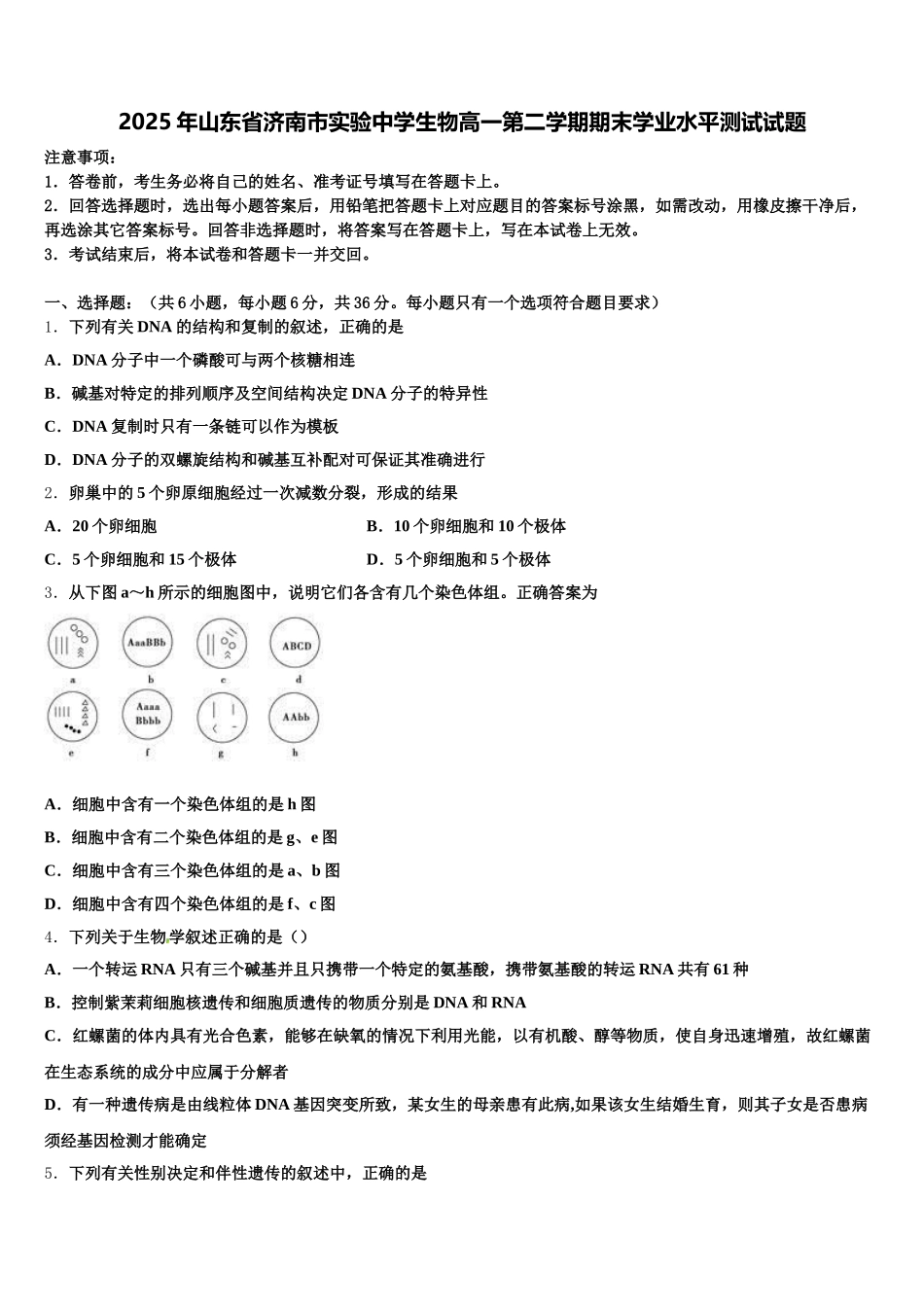 2025年山东省济南市实验中学生物高一第二学期期末学业水平测试试题含解析_第1页
