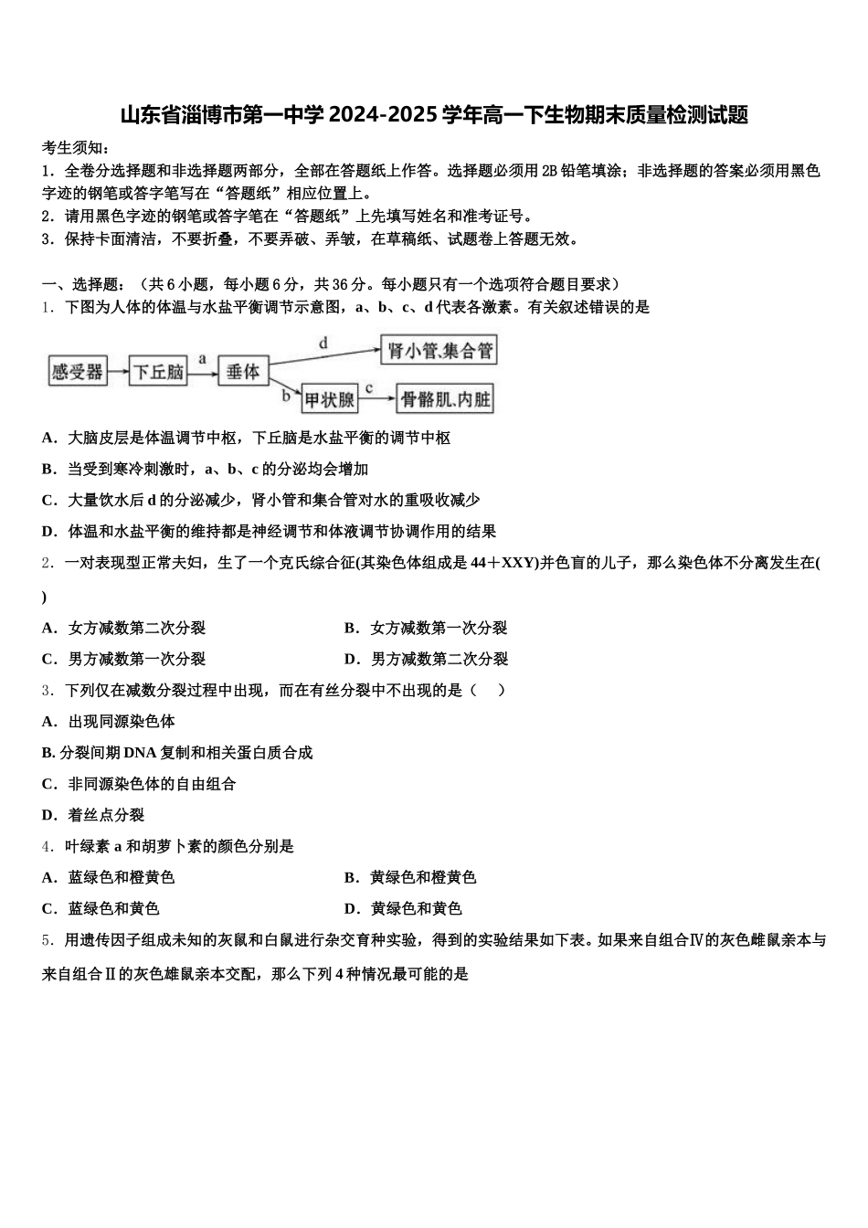 山东省淄博市第一中学2024-2025学年高一下生物期末质量检测试题含解析_第1页