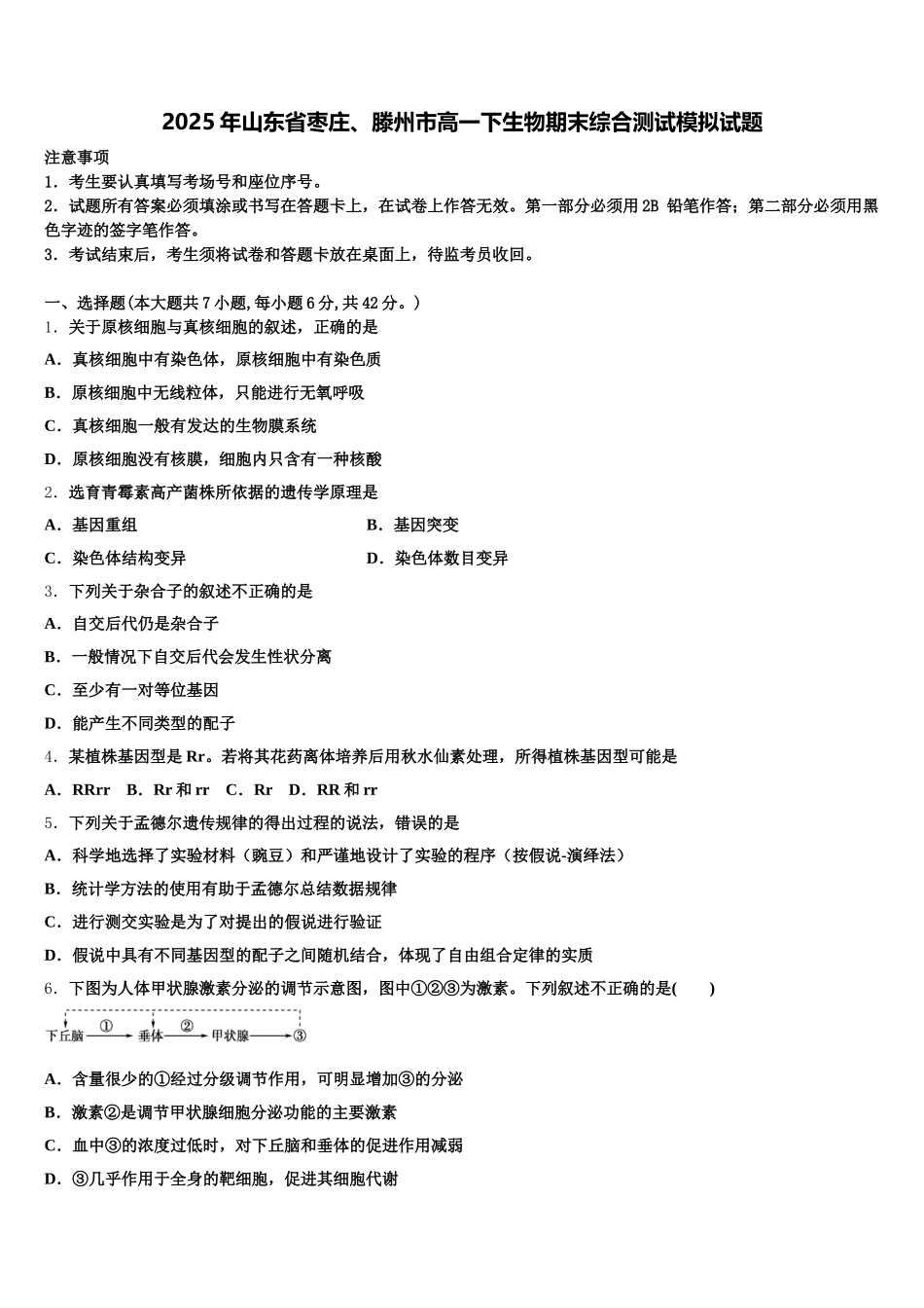 2025年山东省枣庄、滕州市高一下生物期末综合测试模拟试题含解析_第1页