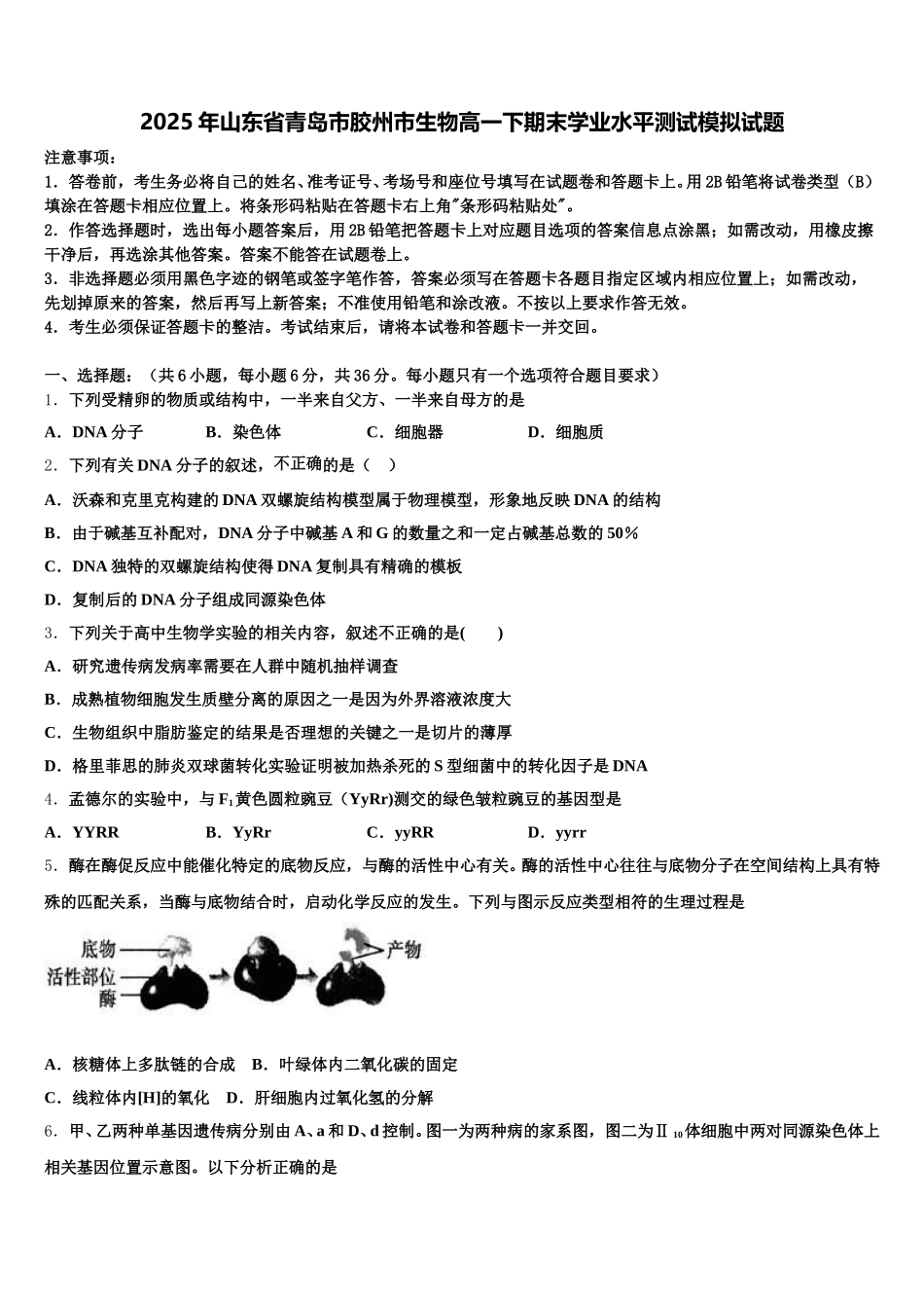 2025年山东省青岛市胶州市生物高一下期末学业水平测试模拟试题含解析_第1页