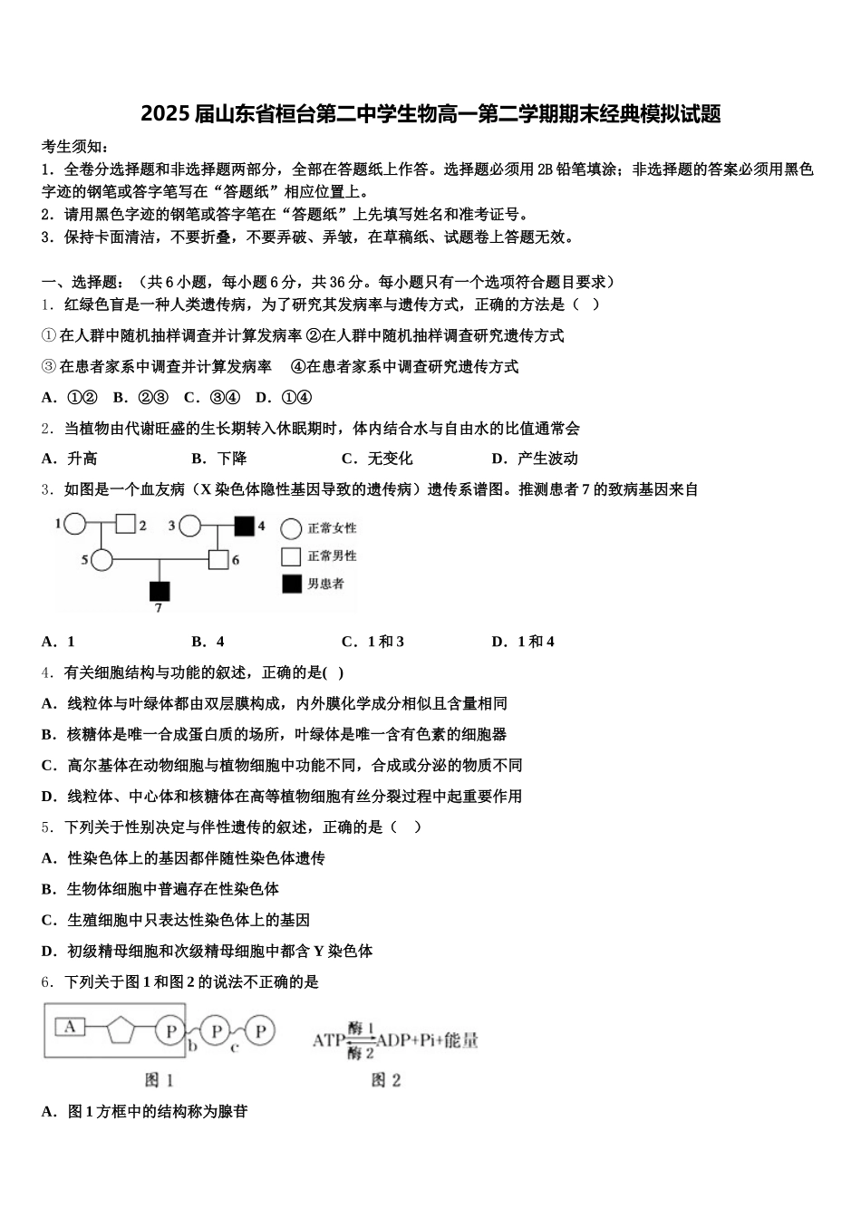 2025届山东省桓台第二中学生物高一第二学期期末经典模拟试题含解析_第1页