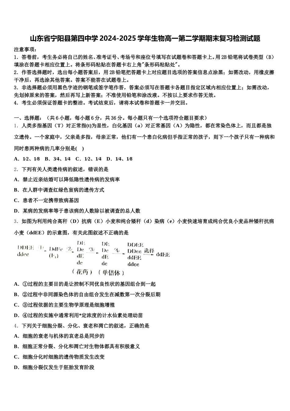 山东省宁阳县第四中学2024-2025学年生物高一第二学期期末复习检测试题含解析_第1页