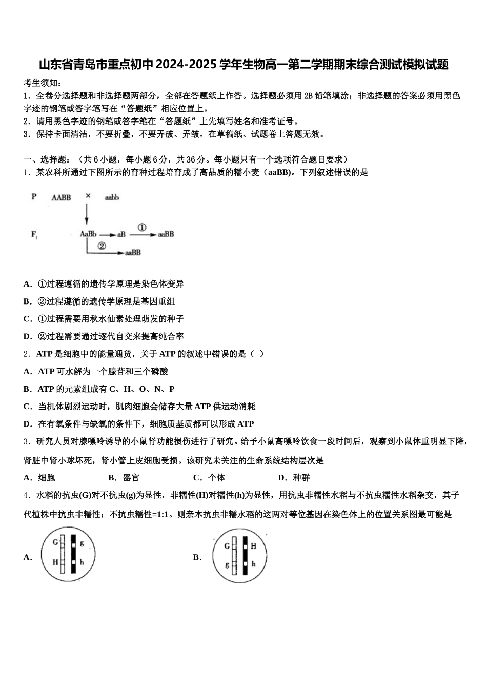 山东省青岛市重点初中2024-2025学年生物高一第二学期期末综合测试模拟试题含解析_第1页