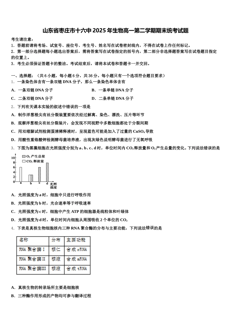 山东省枣庄市十六中2025年生物高一第二学期期末统考试题含解析_第1页