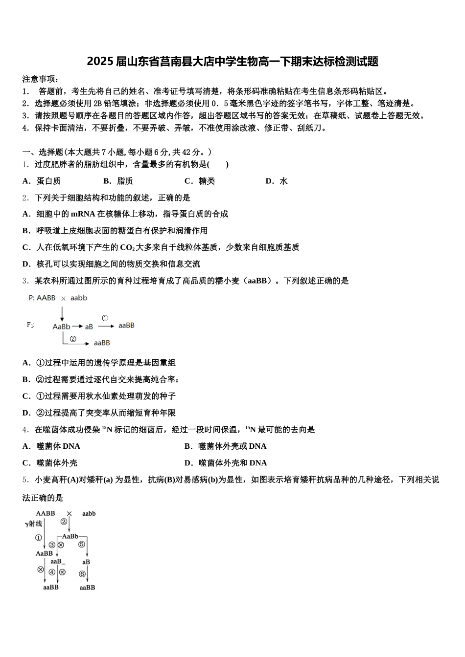 2025届山东省莒南县大店中学生物高一下期末达标检测试题含解析_第1页