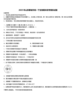 2025年山东聊城市高一下生物期末统考模拟试题含解析