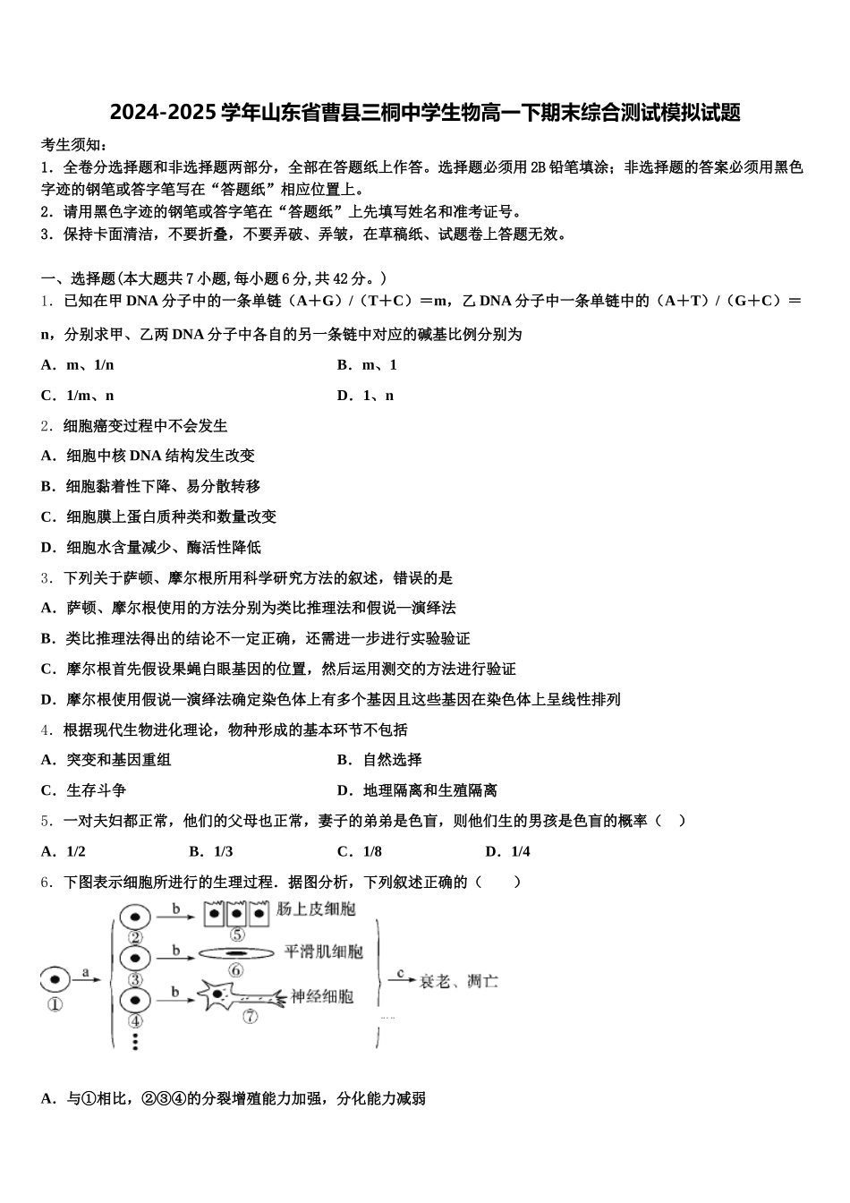 2024-2025学年山东省曹县三桐中学生物高一下期末综合测试模拟试题含解析_第1页