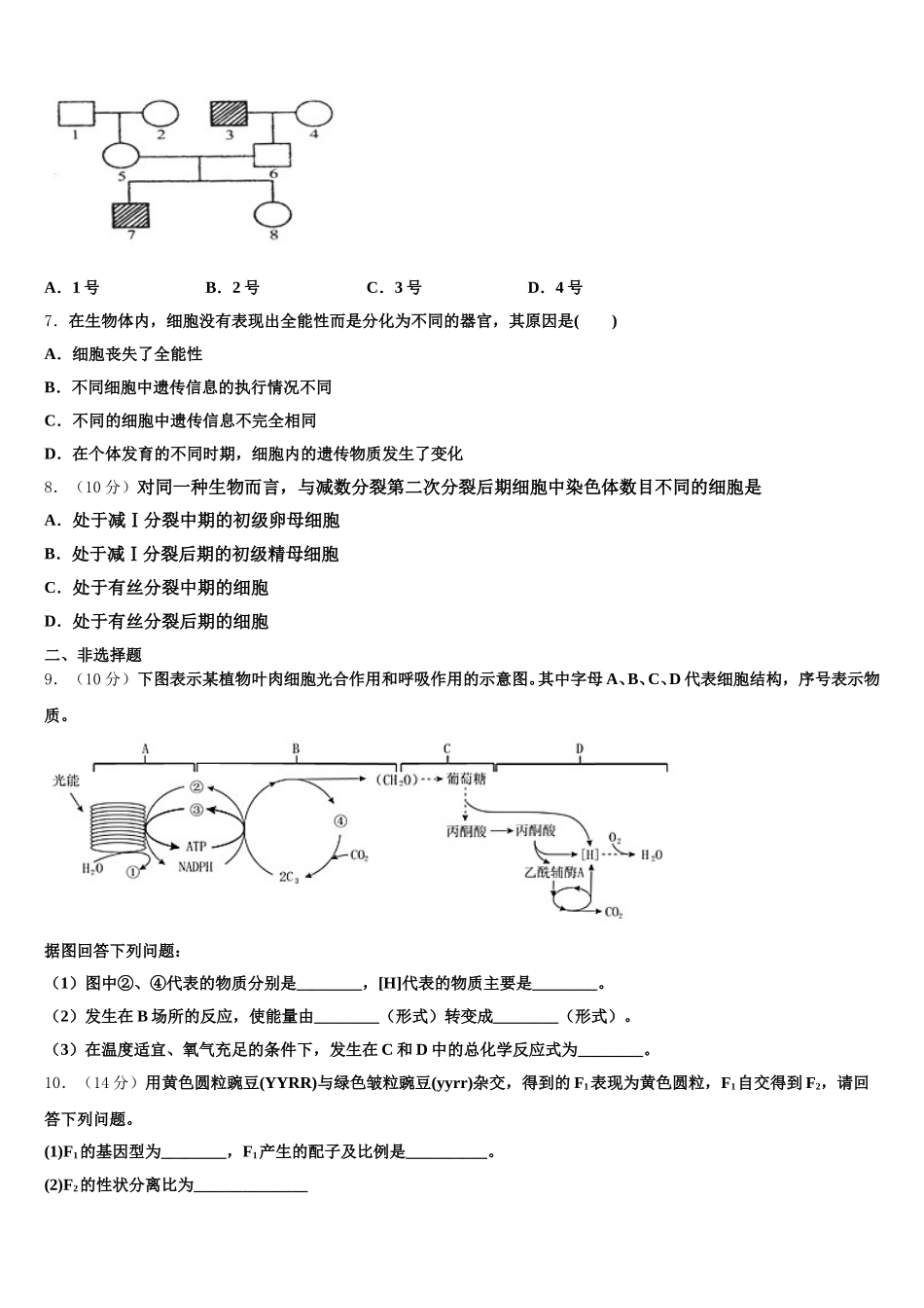 山东省济宁市嘉祥一中2025届高一生物第二学期期末达标测试试题含解析_第2页