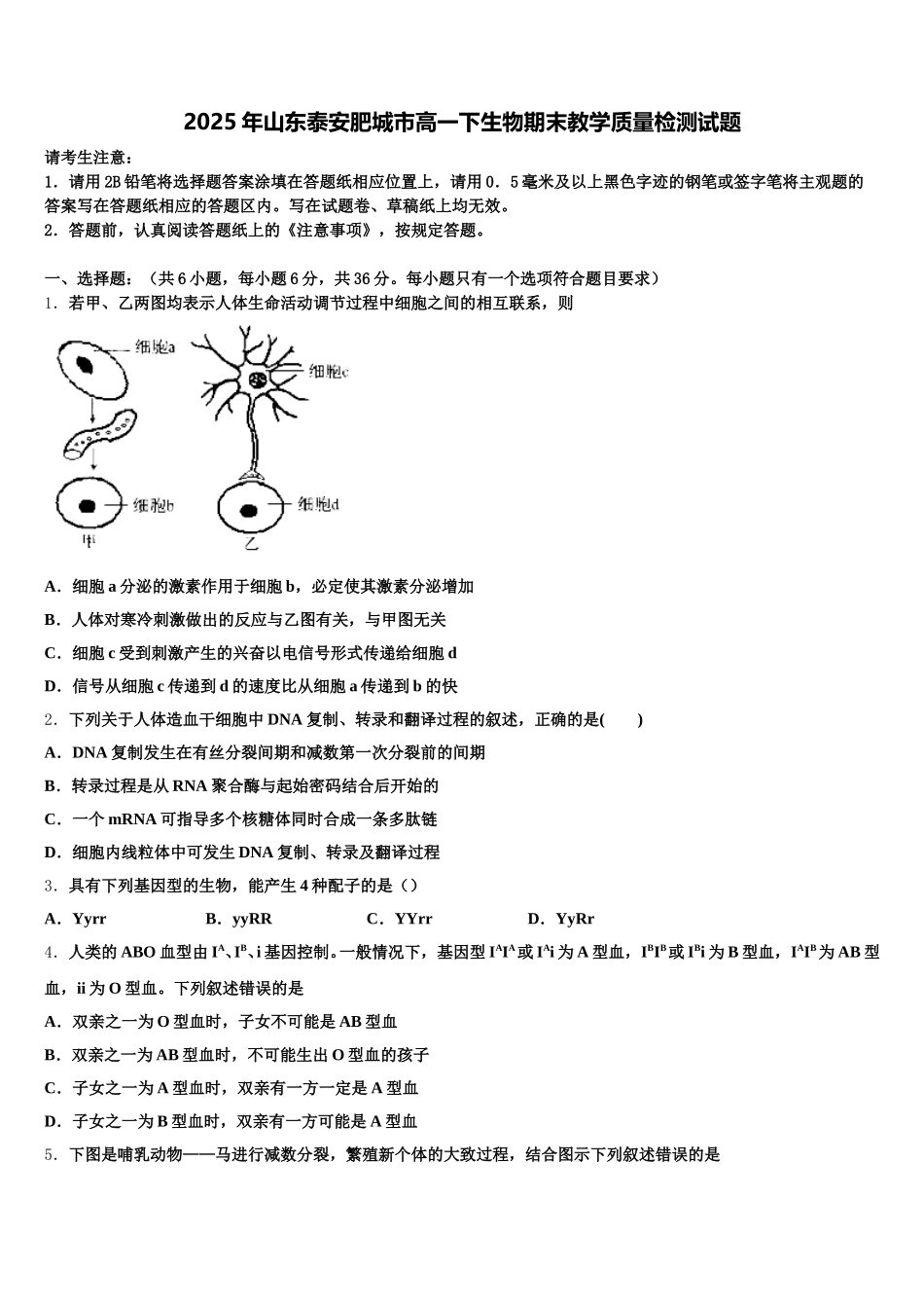 2025年山东泰安肥城市高一下生物期末教学质量检测试题含解析_第1页
