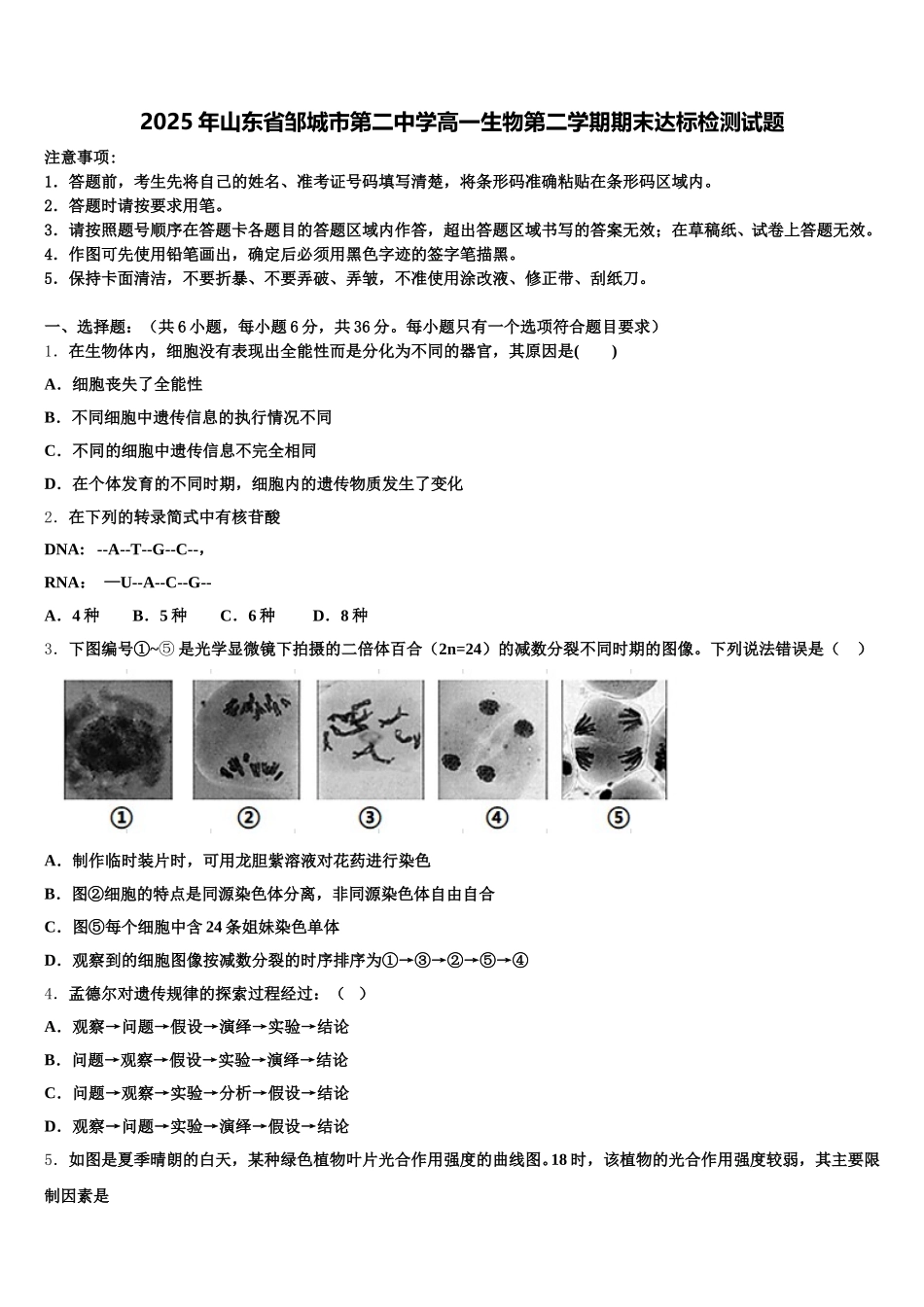 2025年山东省邹城市第二中学高一生物第二学期期末达标检测试题含解析_第1页