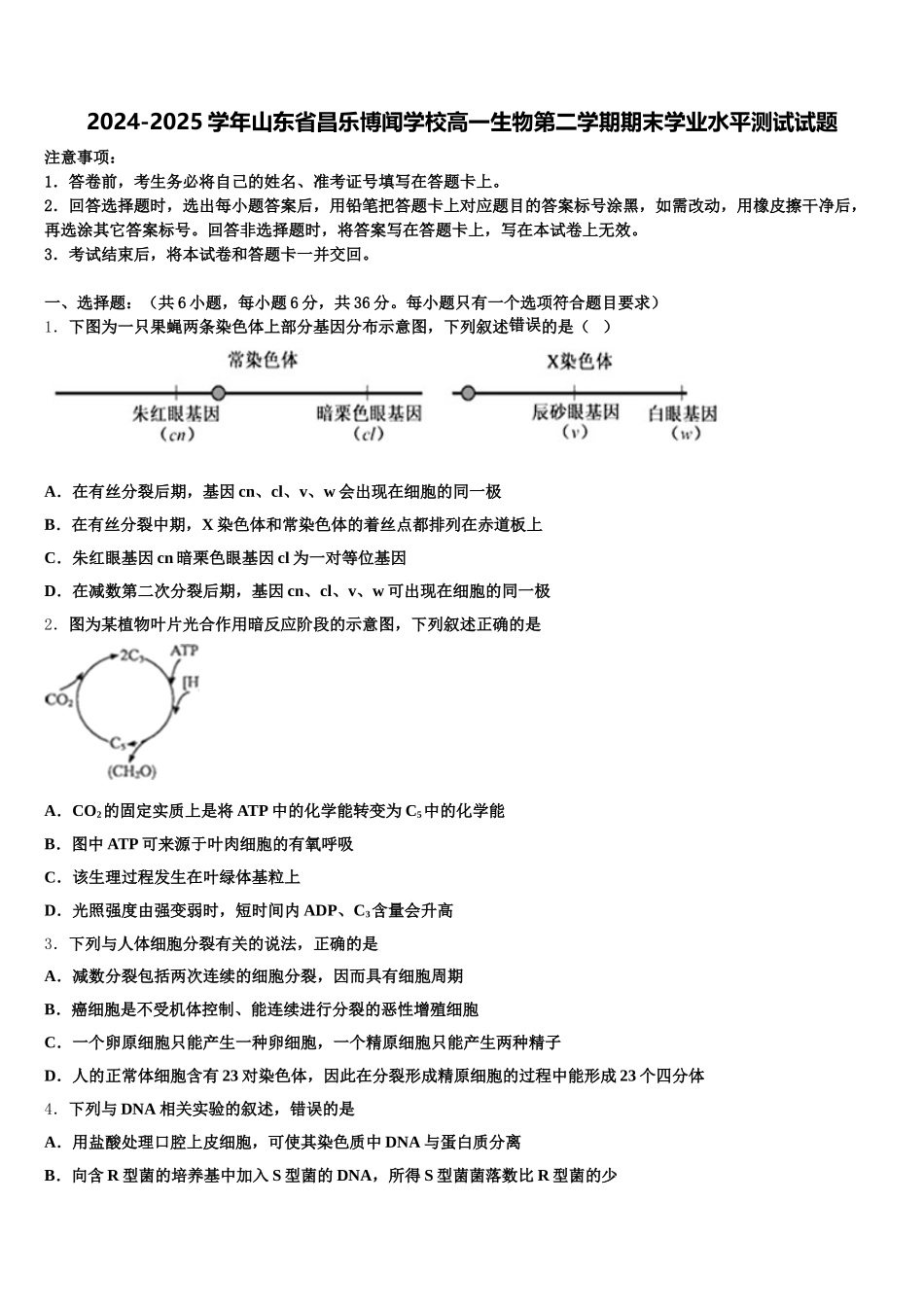 2024-2025学年山东省昌乐博闻学校高一生物第二学期期末学业水平测试试题含解析_第1页