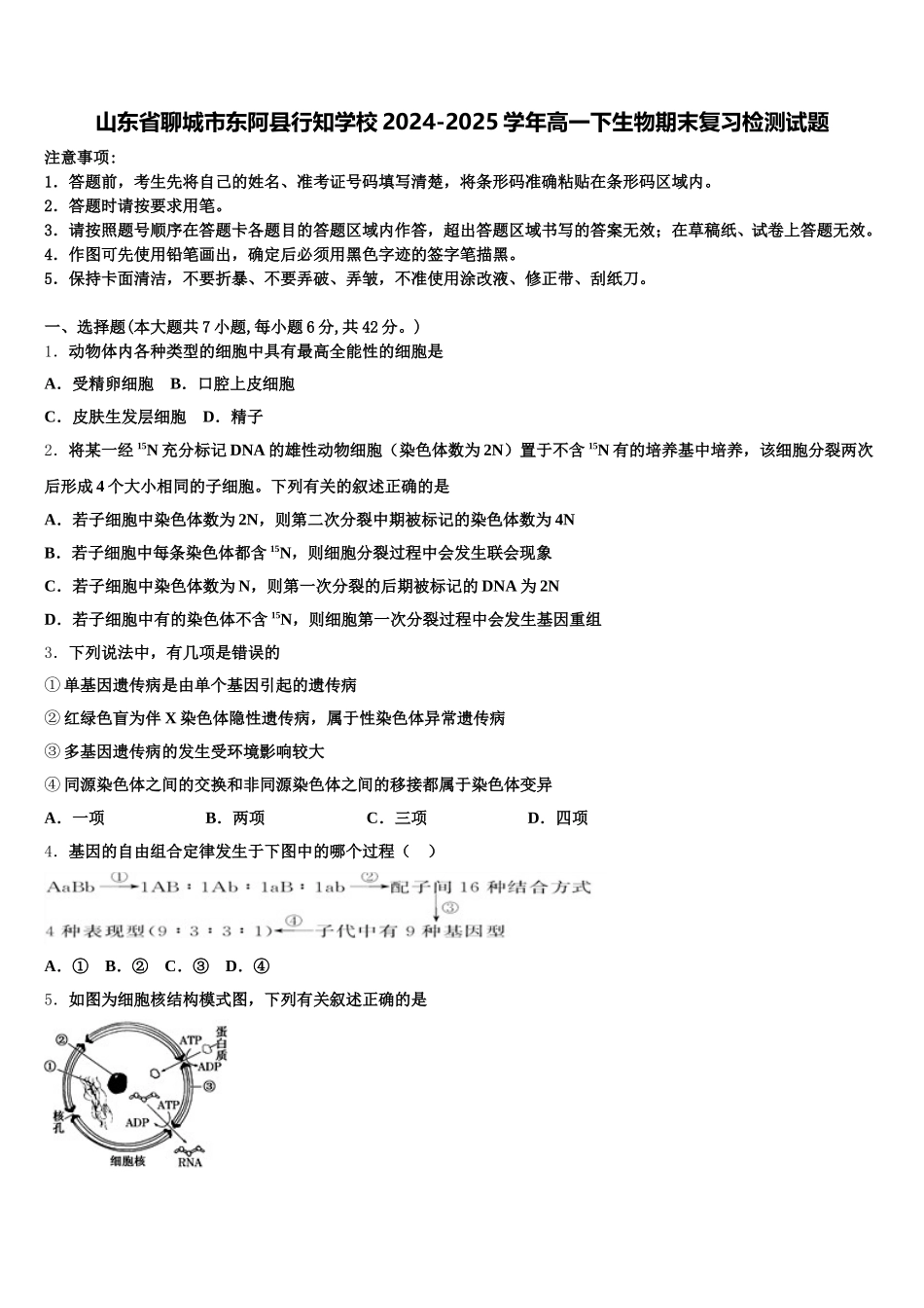山东省聊城市东阿县行知学校2024-2025学年高一下生物期末复习检测试题含解析_第1页