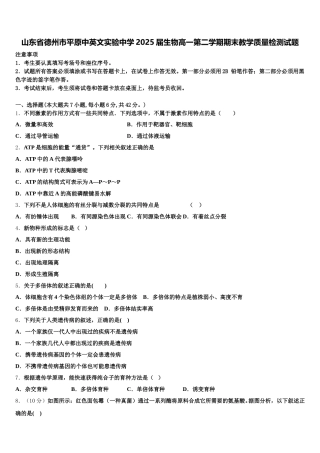 山东省德州市平原中英文实验中学2025届生物高一第二学期期末教学质量检测试题含解析