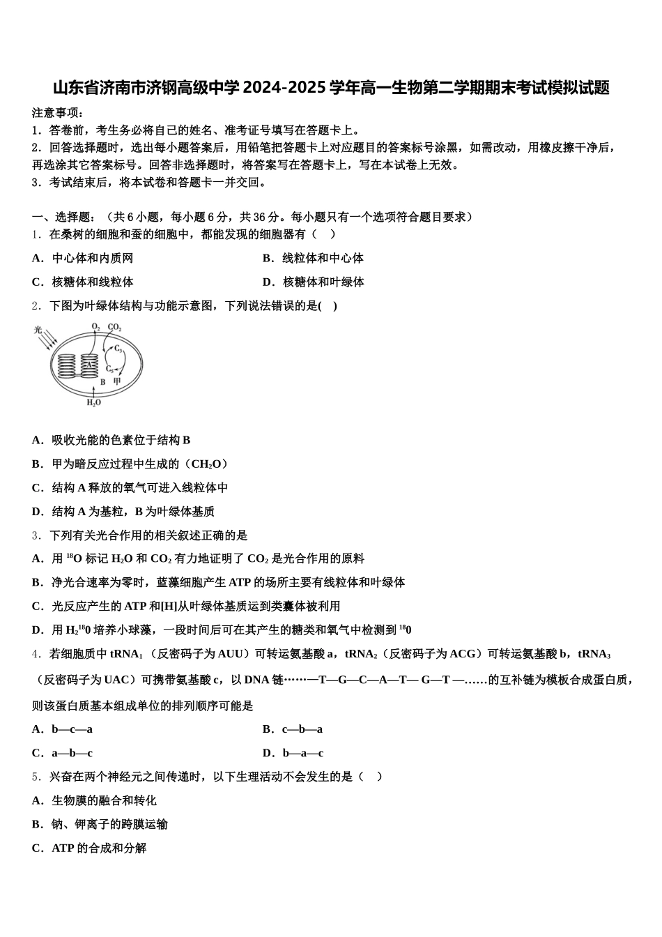 山东省济南市济钢高级中学2024-2025学年高一生物第二学期期末考试模拟试题含解析_第1页