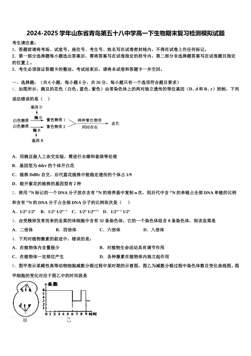 2024-2025学年山东省青岛第五十八中学高一下生物期末复习检测模拟试题含解析_第1页