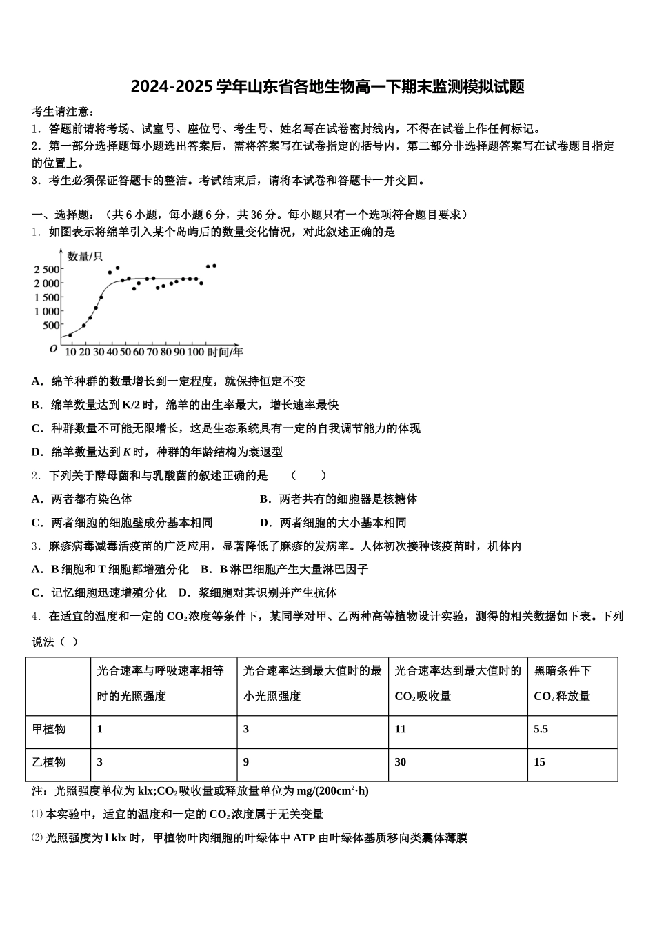 2024-2025学年山东省各地生物高一下期末监测模拟试题含解析_第1页