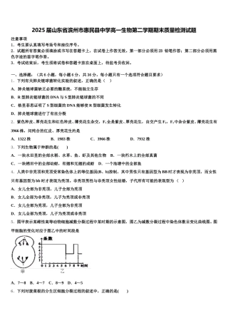 2025届山东省滨州市惠民县中学高一生物第二学期期末质量检测试题含解析