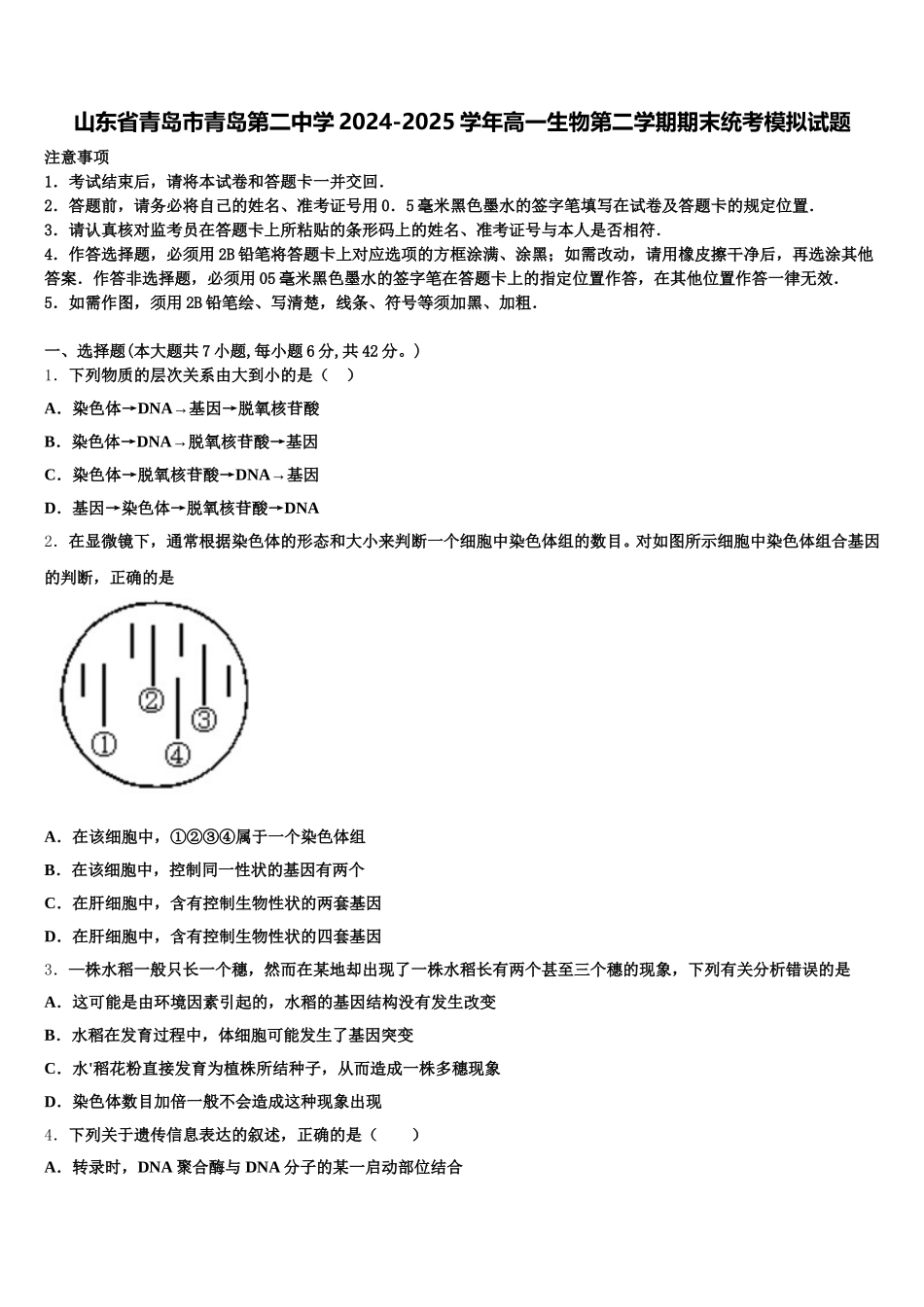 山东省青岛市青岛第二中学2024-2025学年高一生物第二学期期末统考模拟试题含解析_第1页