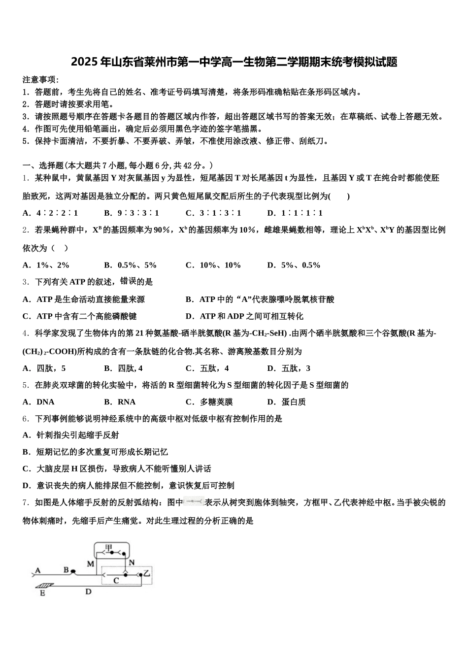 2025年山东省莱州市第一中学高一生物第二学期期末统考模拟试题含解析_第1页