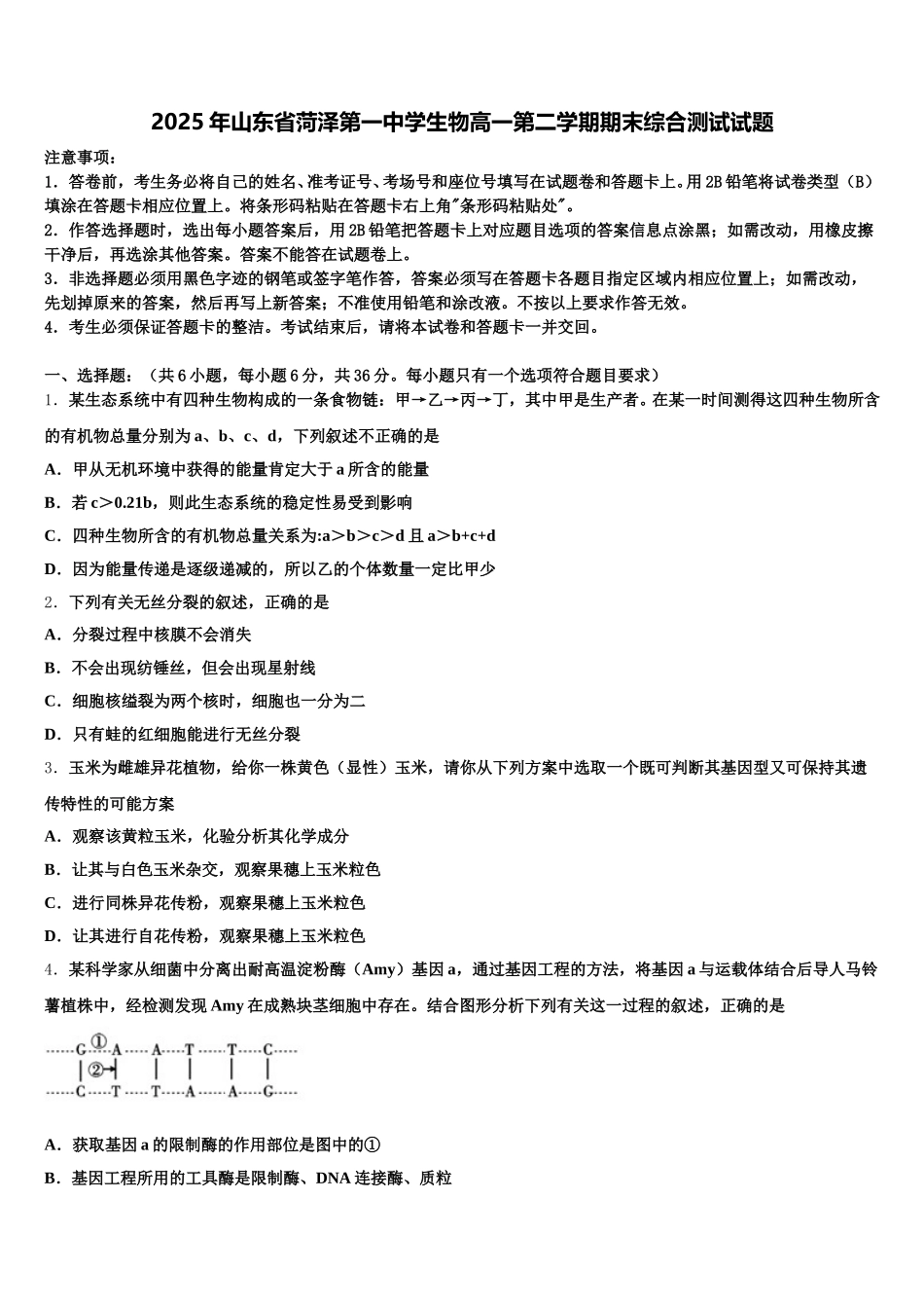 2025年山东省菏泽第一中学生物高一第二学期期末综合测试试题含解析_第1页