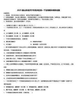 2025届山东省济宁市兖州区高一下生物期末调研试题含解析