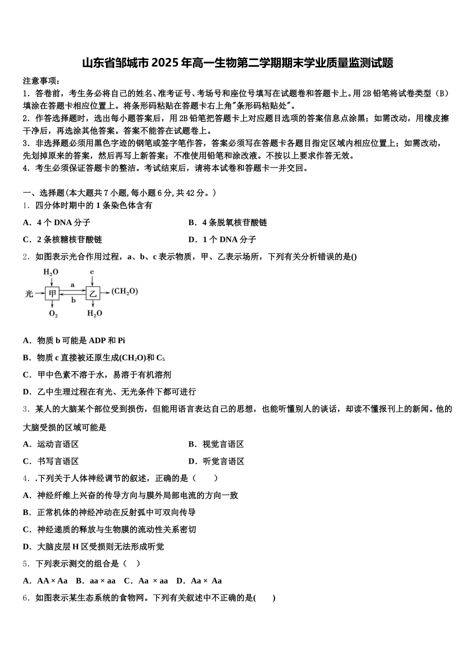 山东省邹城市2025年高一生物第二学期期末学业质量监测试题含解析_第1页