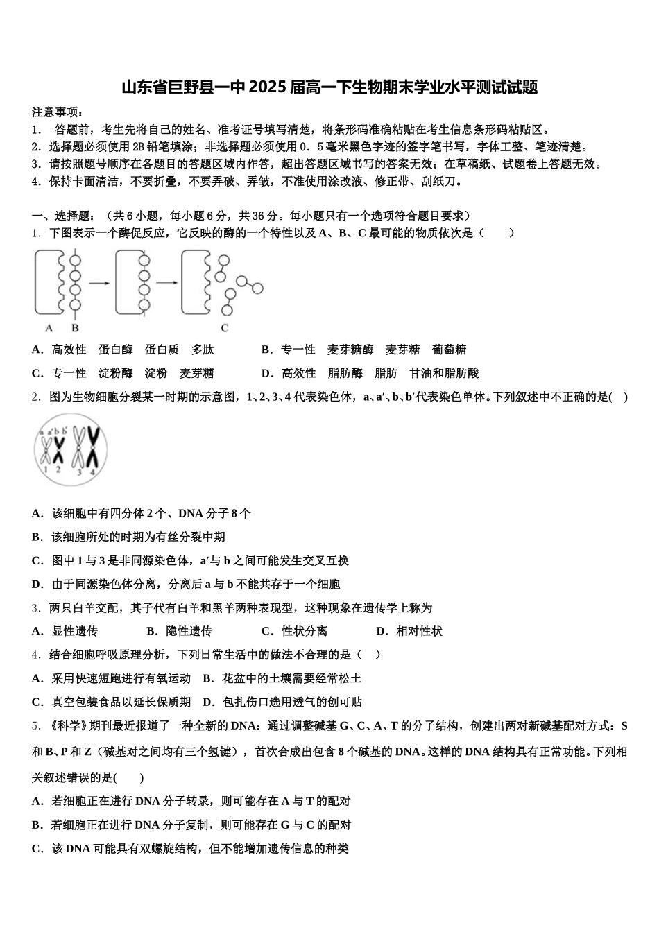 山东省巨野县一中2025届高一下生物期末学业水平测试试题含解析_第1页