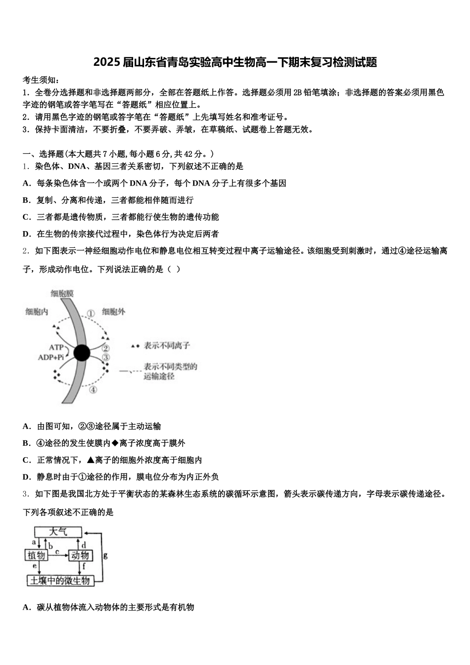 2025届山东省青岛实验高中生物高一下期末复习检测试题含解析_第1页