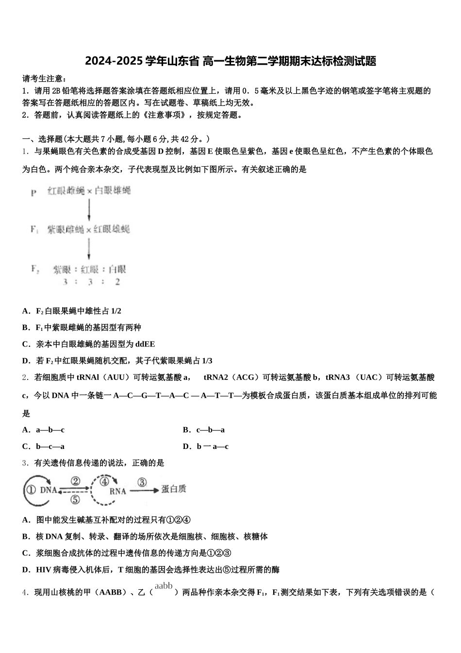 2024-2025学年山东省 高一生物第二学期期末达标检测试题含解析_第1页