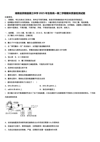 湖南省茶陵县第三中学2025年生物高一第二学期期末质量检测试题含解析