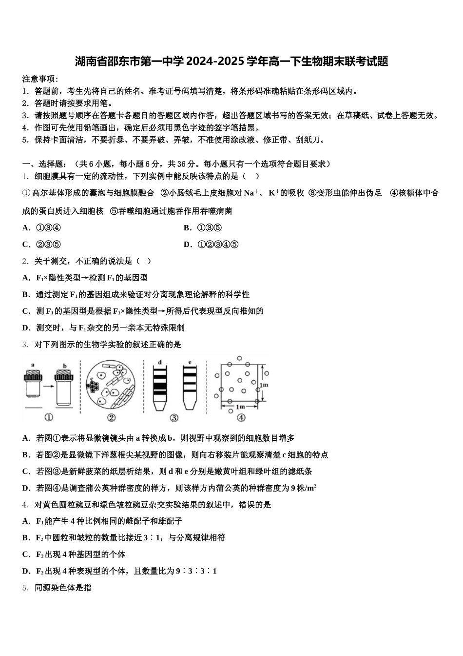 湖南省邵东市第一中学2024-2025学年高一下生物期末联考试题含解析_第1页