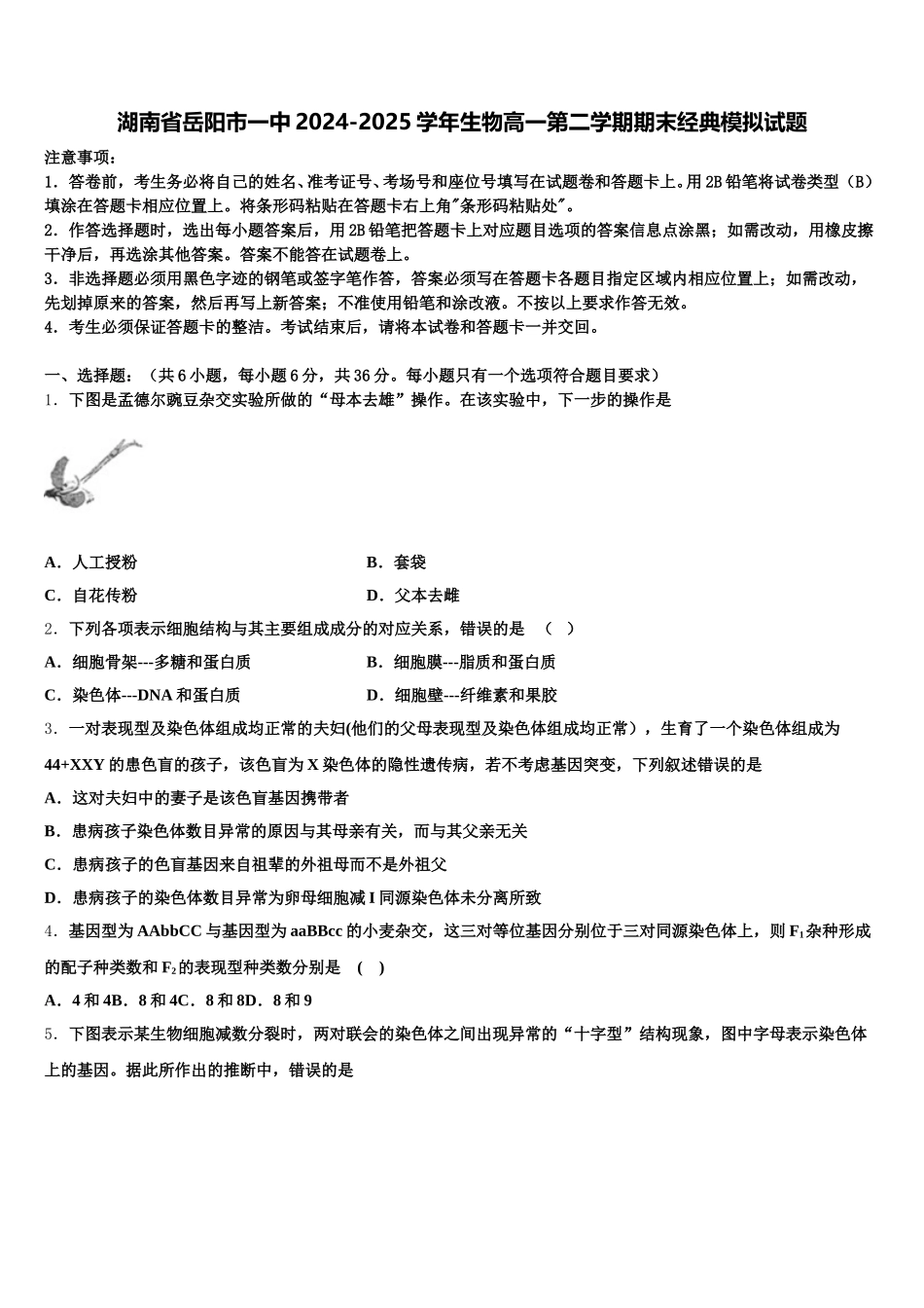 湖南省岳阳市一中2024-2025学年生物高一第二学期期末经典模拟试题含解析_第1页
