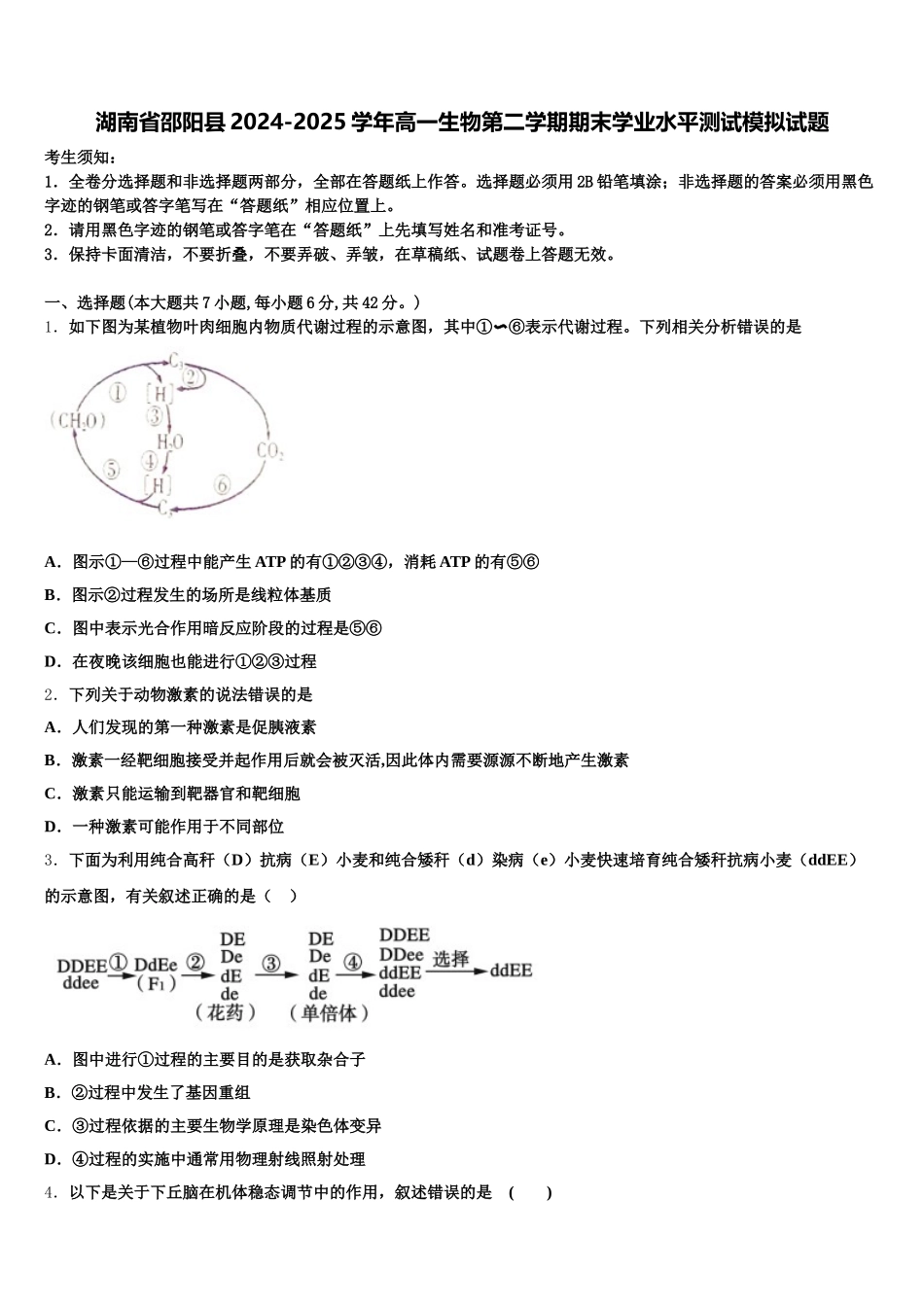 湖南省邵阳县2024-2025学年高一生物第二学期期末学业水平测试模拟试题含解析_第1页