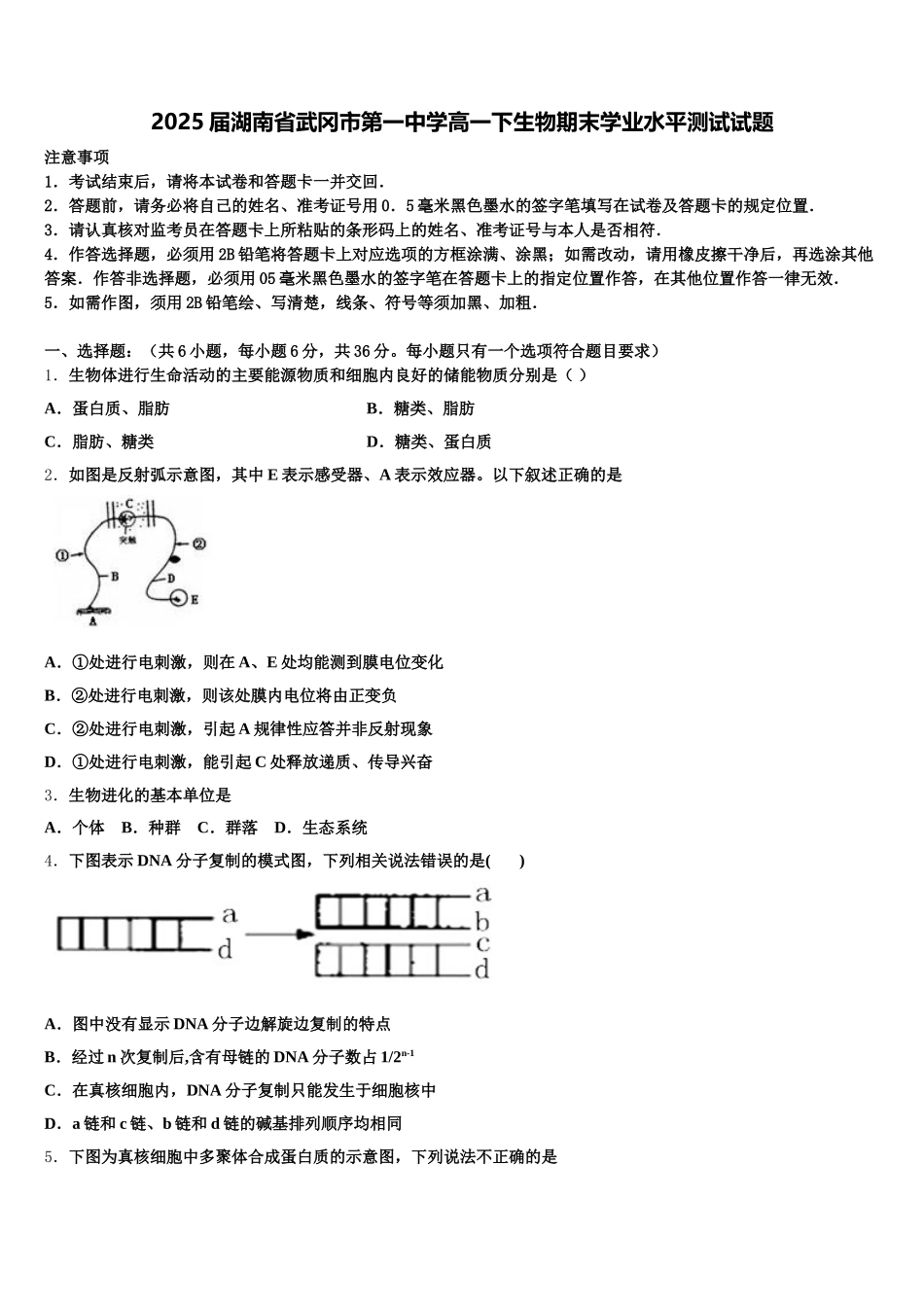 2025届湖南省武冈市第一中学高一下生物期末学业水平测试试题含解析_第1页