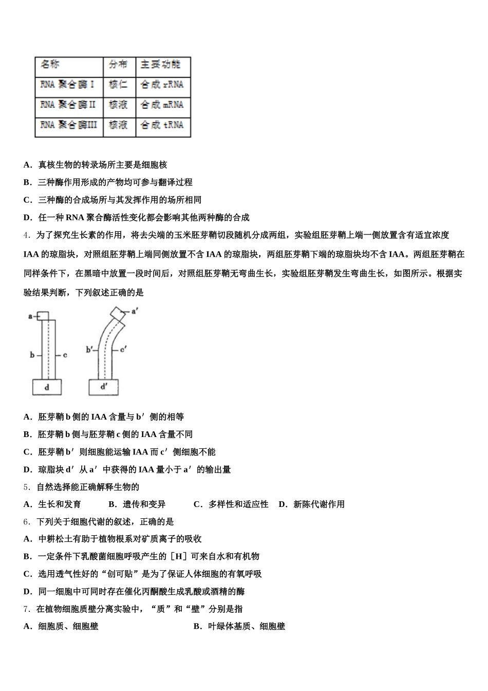 2024-2025学年湖南省湖南师大附中生物高一下期末统考模拟试题含解析_第2页
